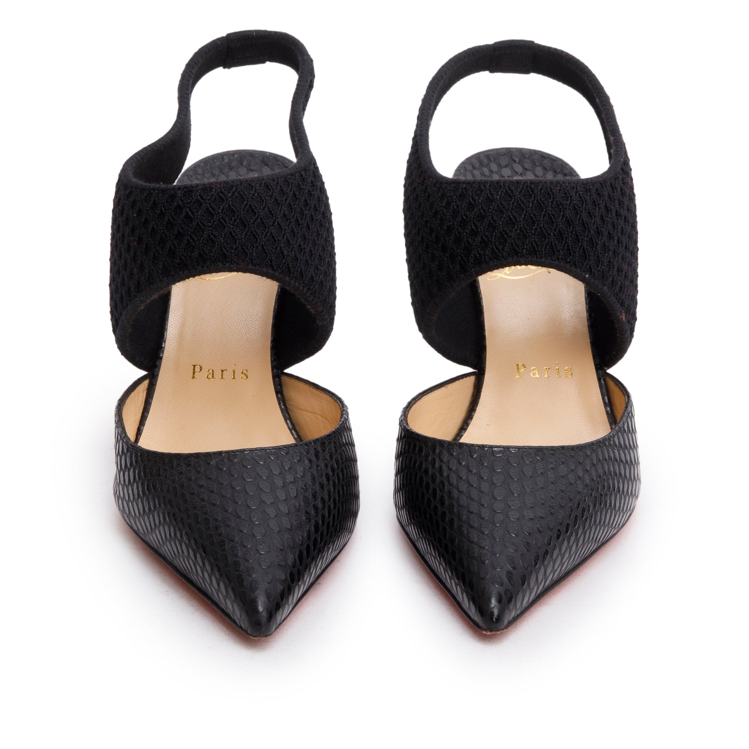 Christian Louboutin Snakeskin Embossed Leather Mesh Georgette Slingback Pumps, Size 37.5 w/ Box