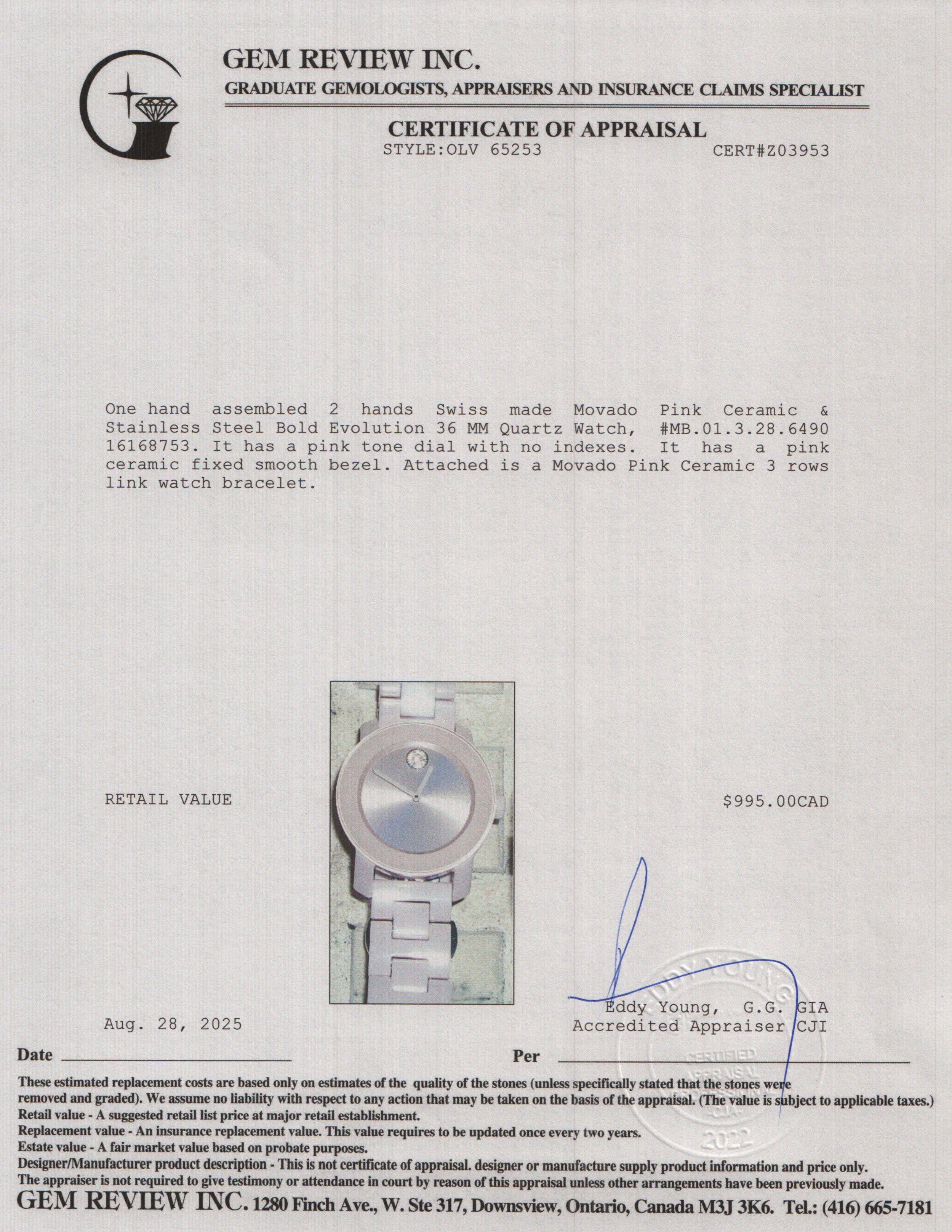 Movado Pink Ceramic & Stainless Steel Bold Evolution 36 MM Quartz Watch w/ Box