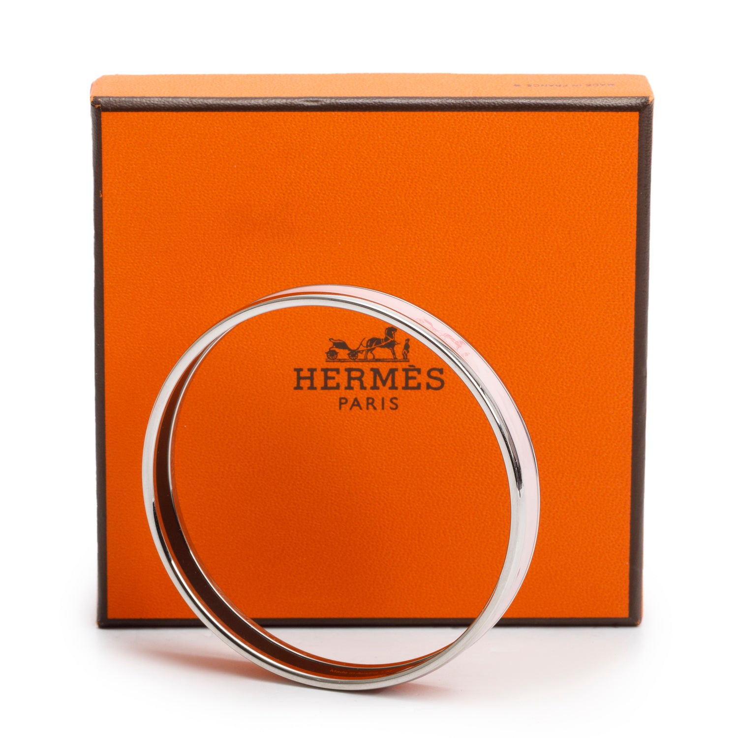 Hermes Palladium-Plated Pink Caleche Enamel Narrow Bangle w/ Box