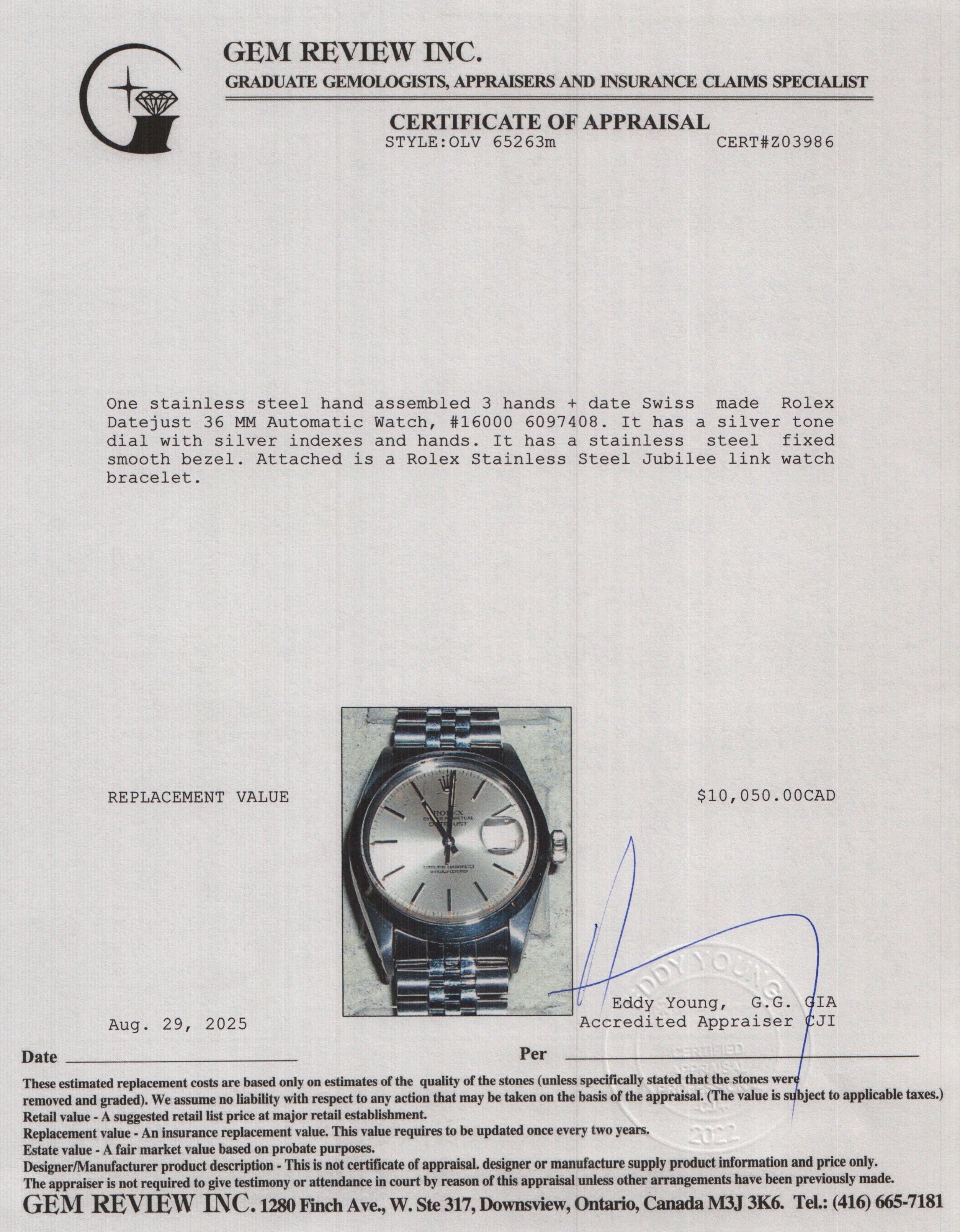 Rolex Stainless Steel Datejust 36 MM Silver Dial Automatic Watch Silver Dial 16000 w/ Box