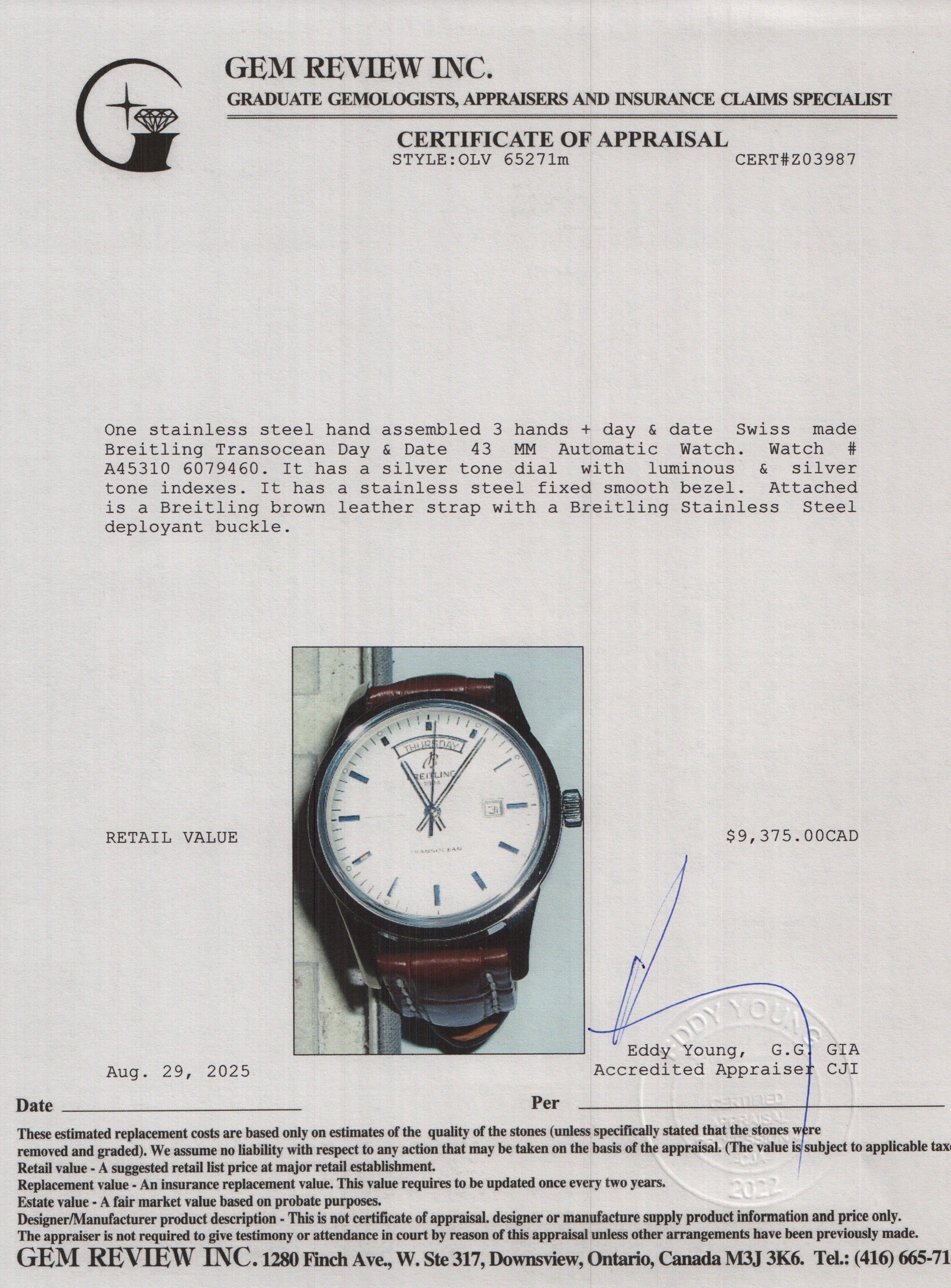 Breitling Stainless Steel Transocean Day & Date 43 MM Automatic Watch A45310 w/ Box & Papers