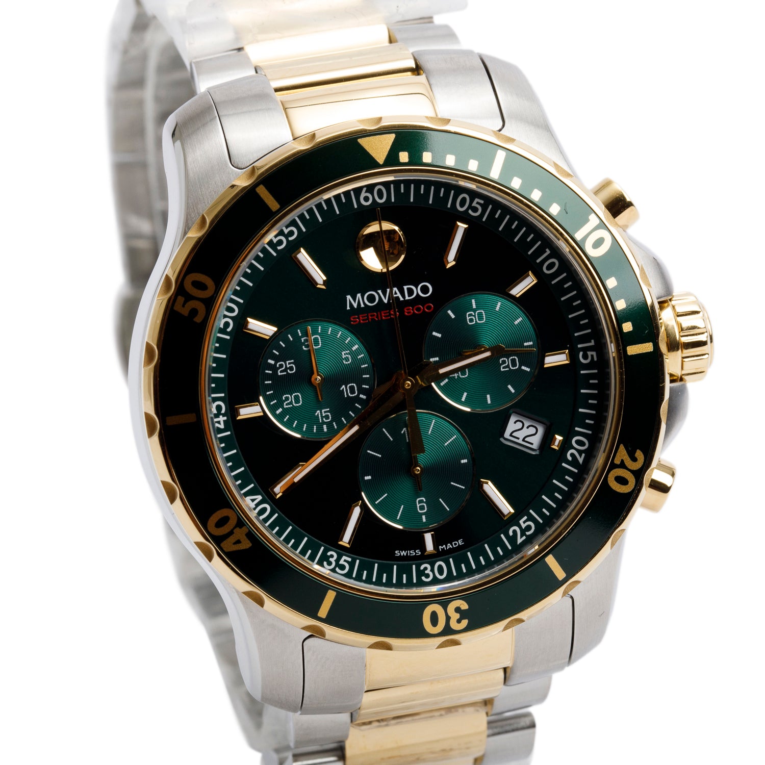 Movado 2023 Two-Tone Stainless Steel Series 800 42 MM Chronograph Quartz Watch Green Dial w/ Box & Papers