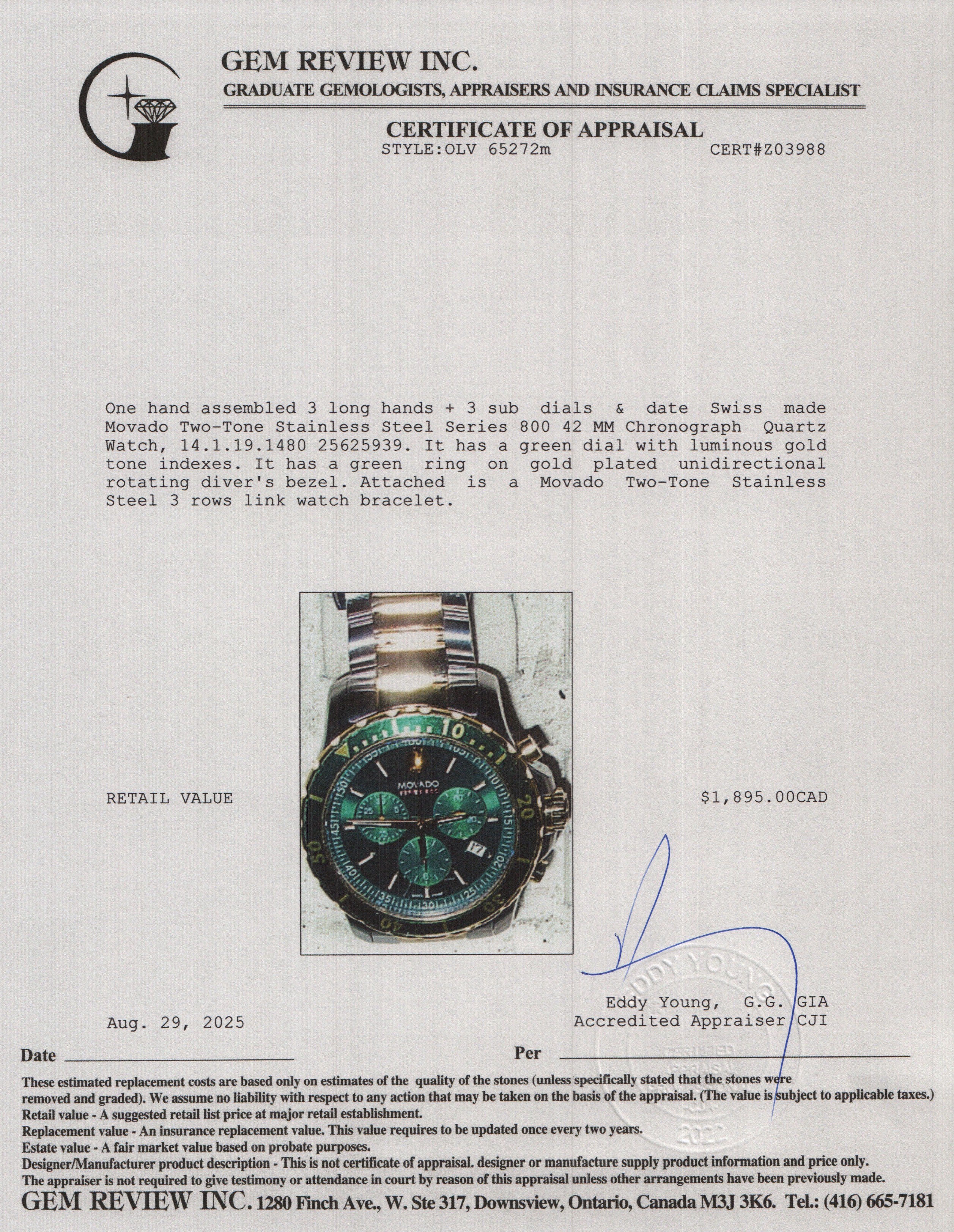 Movado 2023 Two-Tone Stainless Steel Series 800 42 MM Chronograph Quartz Watch Green Dial w/ Box & Papers