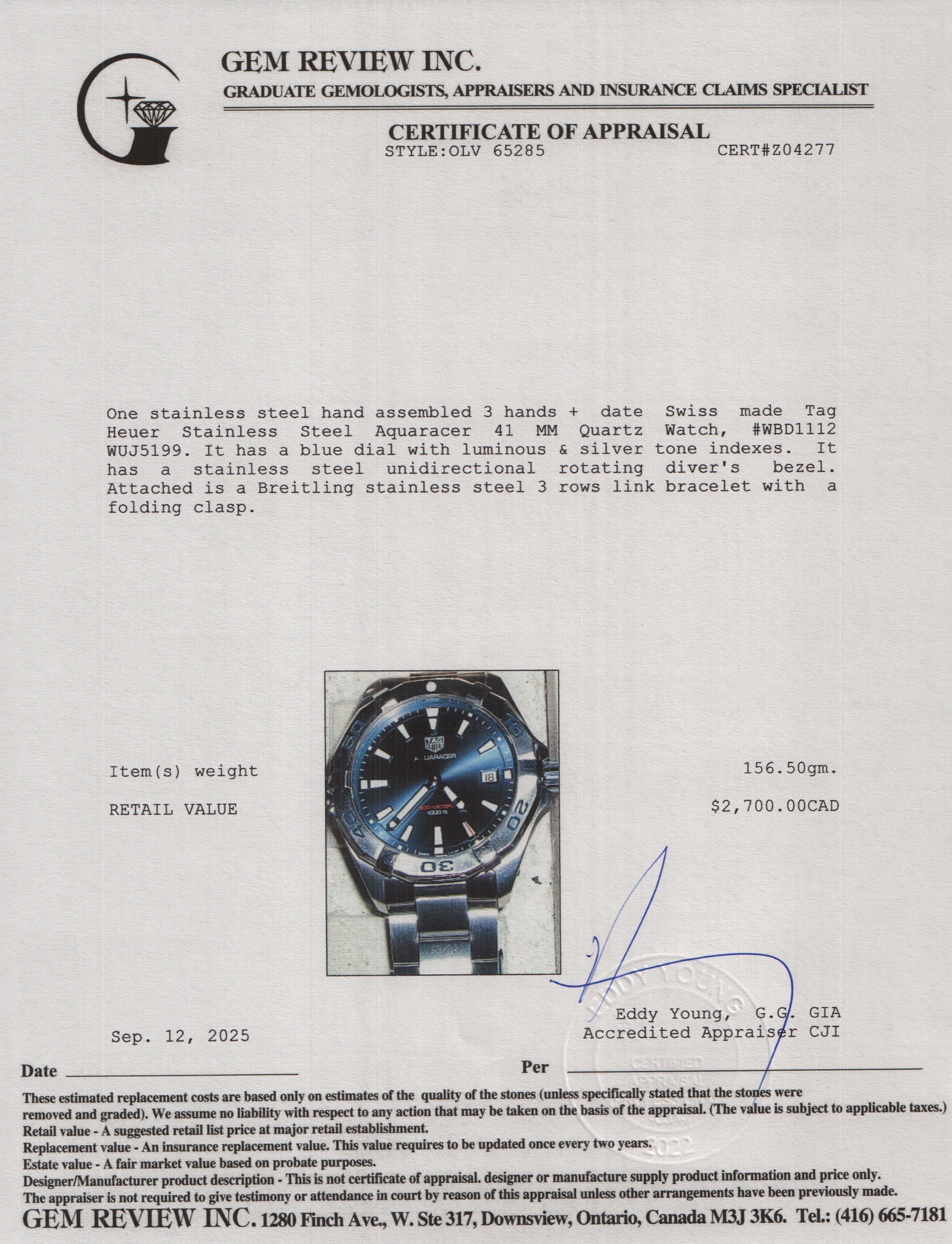 Tag Heuer Stainless Steel Aquaracer 41 MM Quartz Watch Blue Dial WBD1112