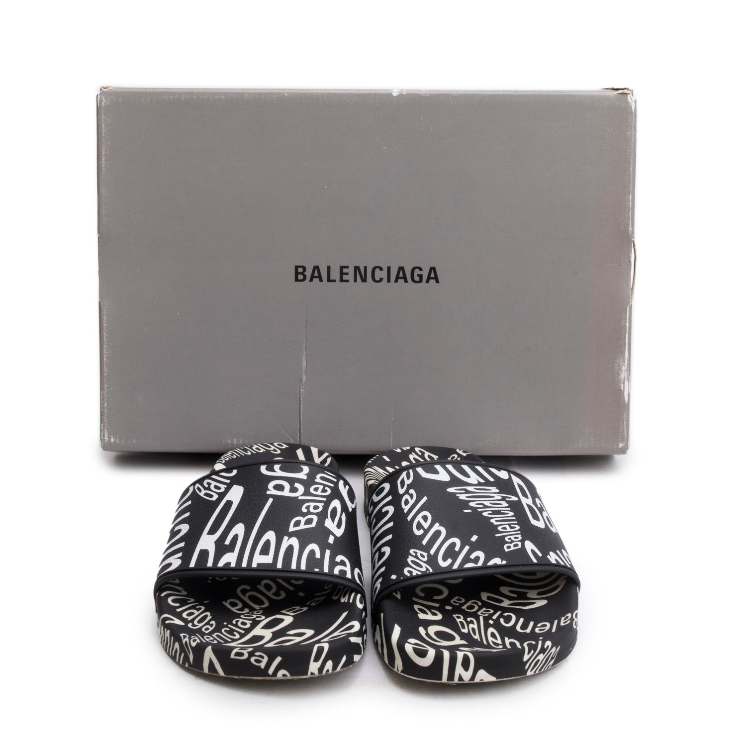 Balenciaga Black/White Rubber All Over Logo Print Pool Slide Sandals, Size 39 w/ Box