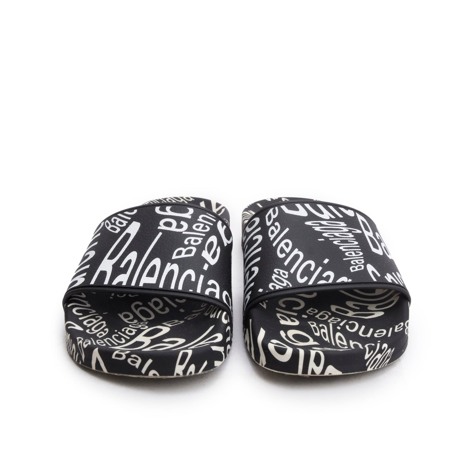 Balenciaga Black/White Rubber All Over Logo Print Pool Slide Sandals, Size 39 w/ Box