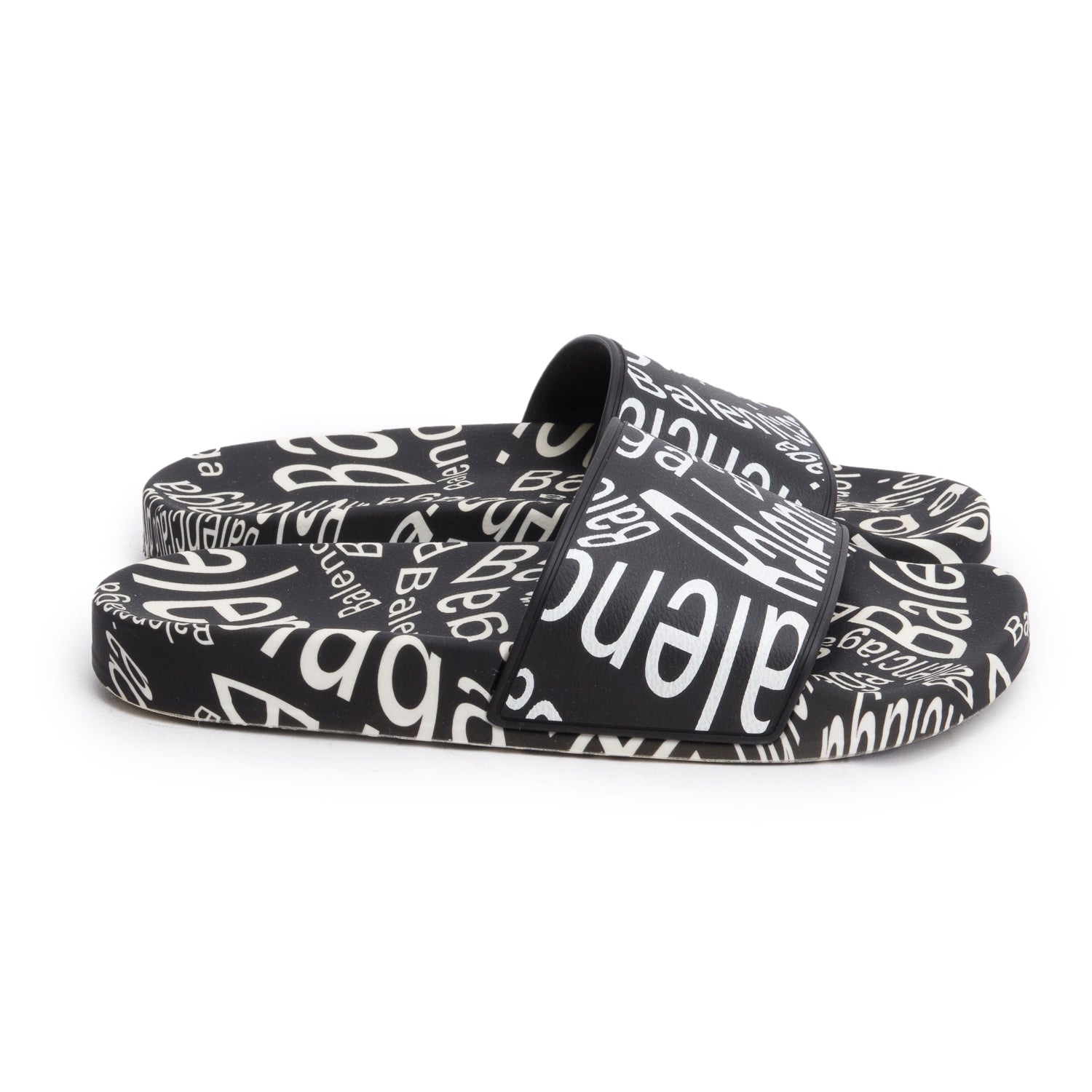 Balenciaga Black/White Rubber All Over Logo Print Pool Slide Sandals, Size 39 w/ Box