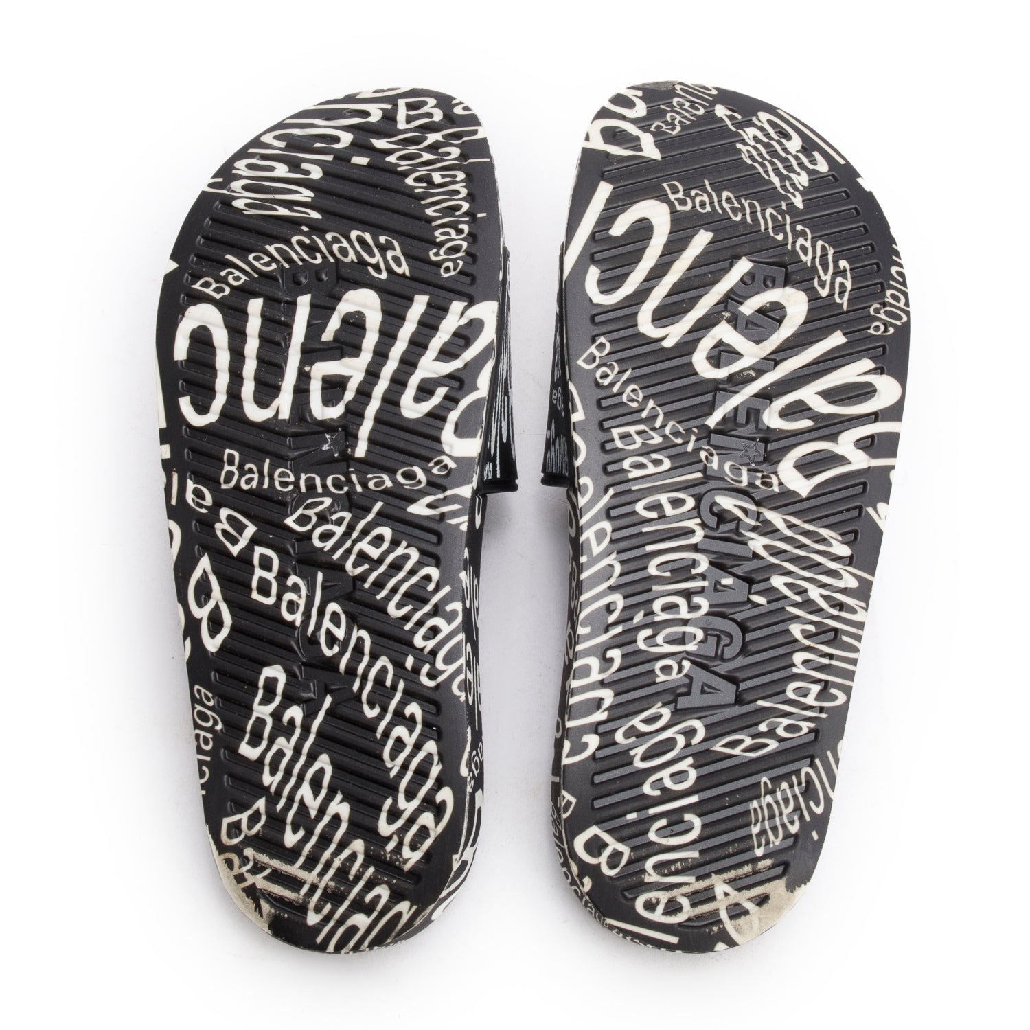 Balenciaga Black/White Rubber All Over Logo Print Pool Slide Sandals, Size 39 w/ Box