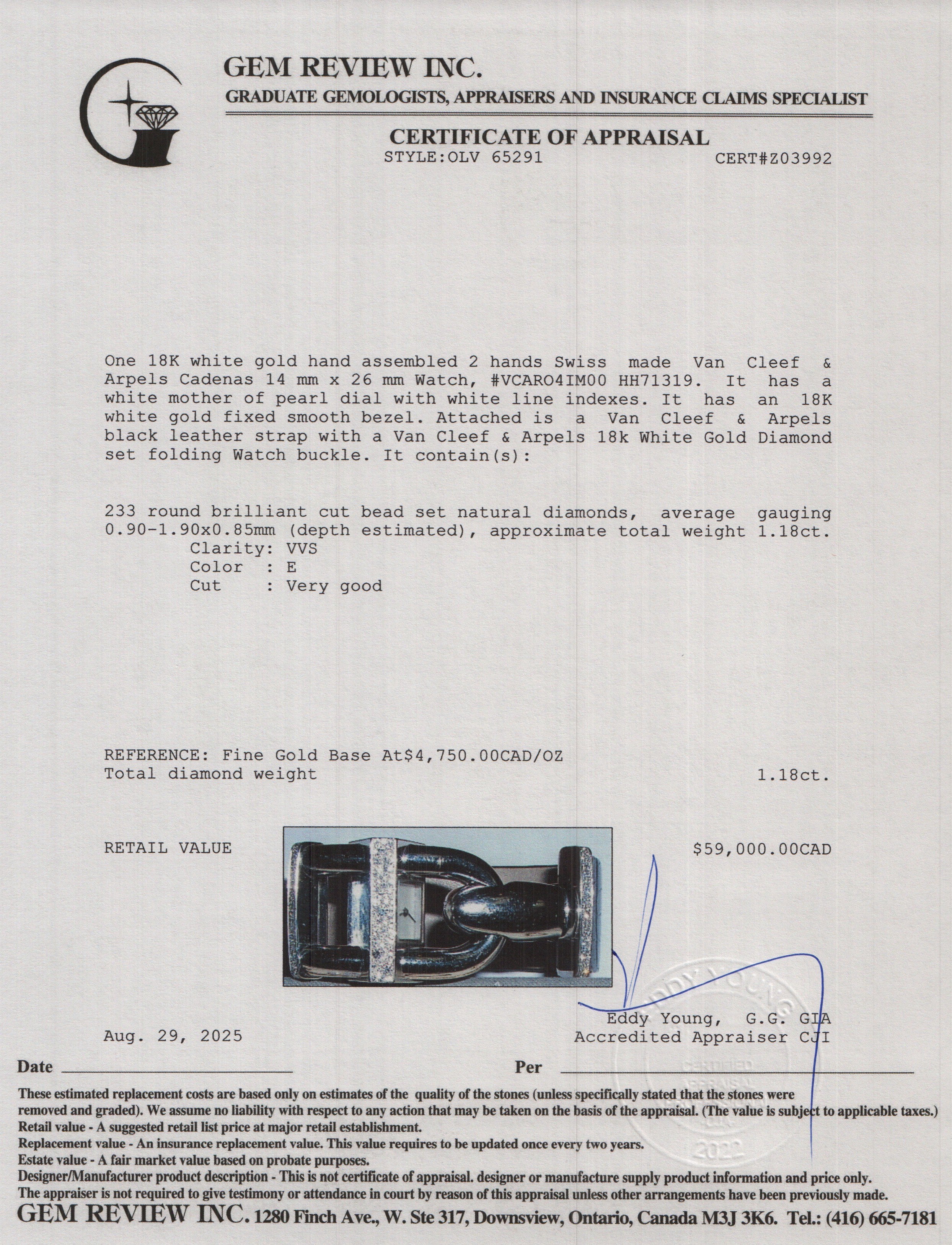 Van Cleef & Arpels 18k White Gold Diamond Cadenas Watch Mother of Pearl Dial w/ Receipt & Certificate