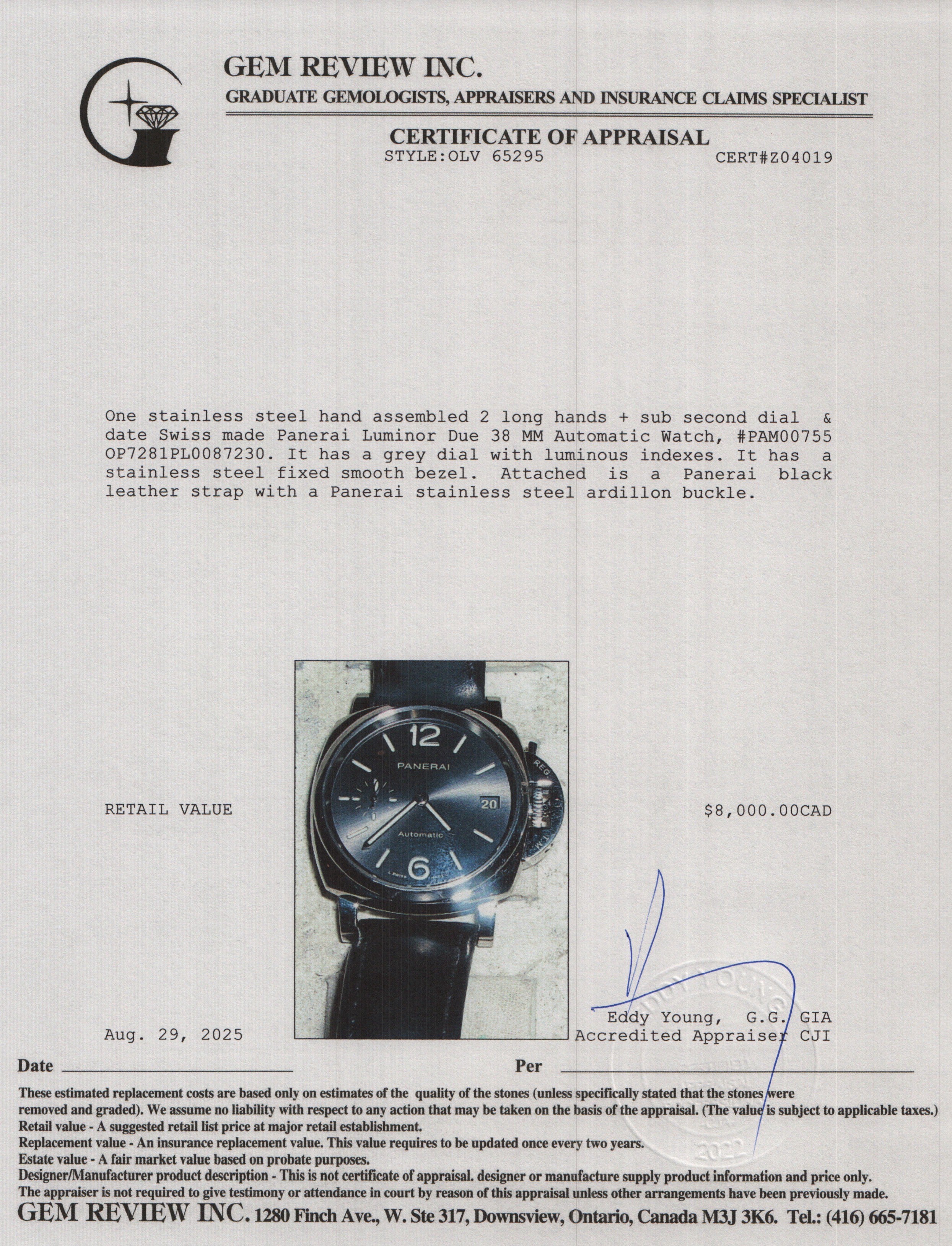 Panerai Stainless Steel Luminor Due 38 MM Automatic Watch Grey Dial PAM00755 w/ Box & Papers