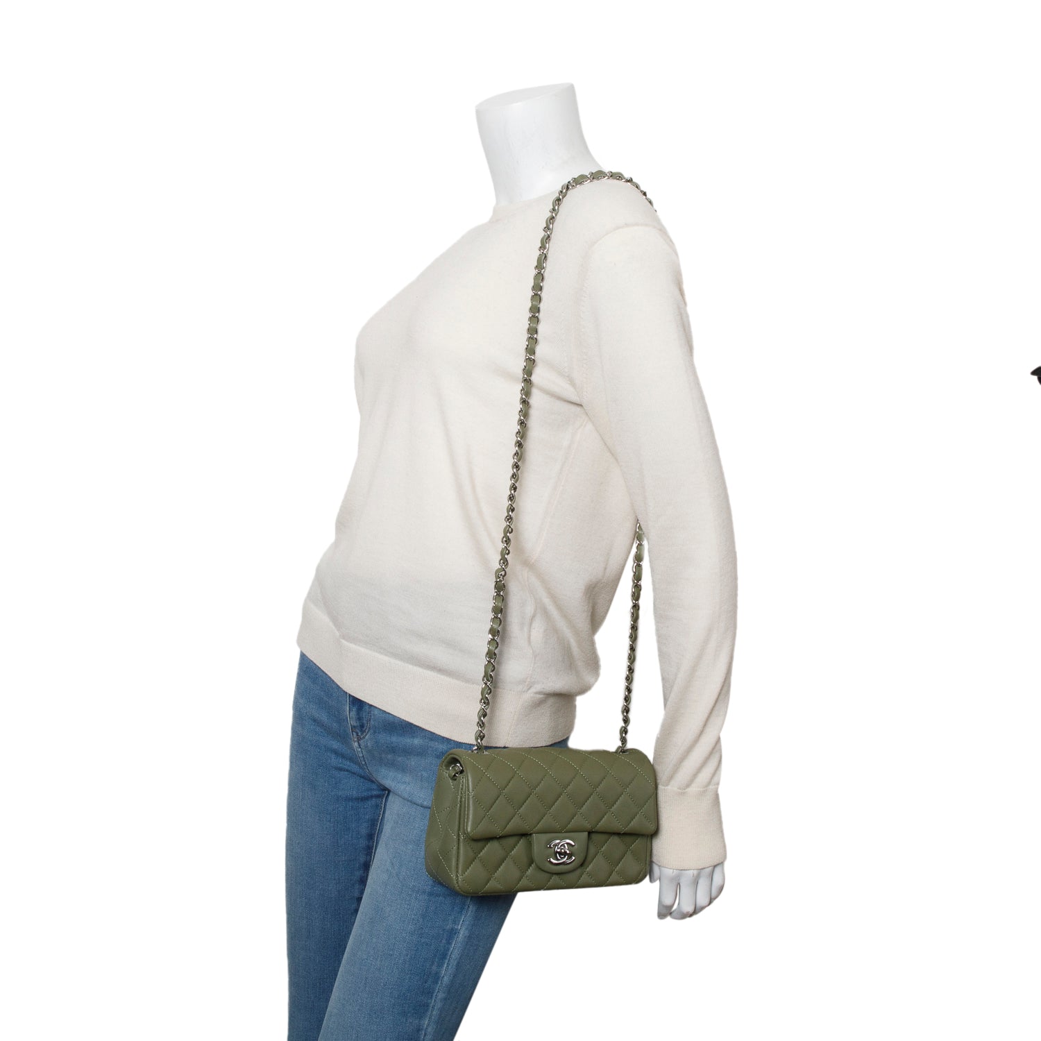 Chanel Oliver Green Quilted Lambskin Classic Mini Rectangular Flap Bag w/ Box