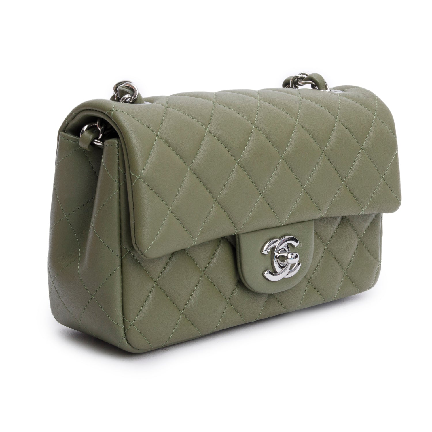 Chanel Oliver Green Quilted Lambskin Classic Mini Rectangular Flap Bag w/ Box