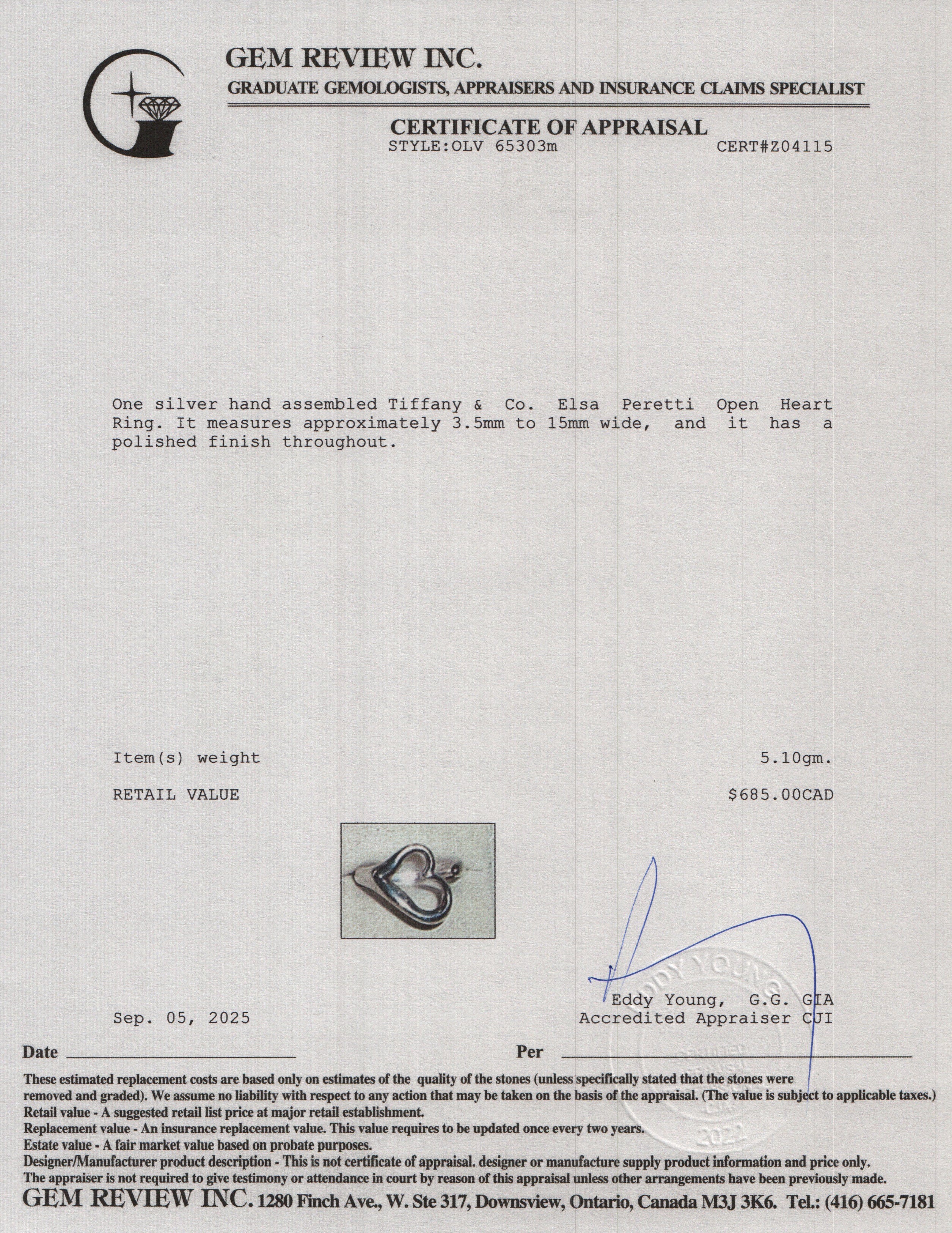 Tiffany & Co. Elsa Peretti Sterling Silver Open Heart Ring, Size 7.5