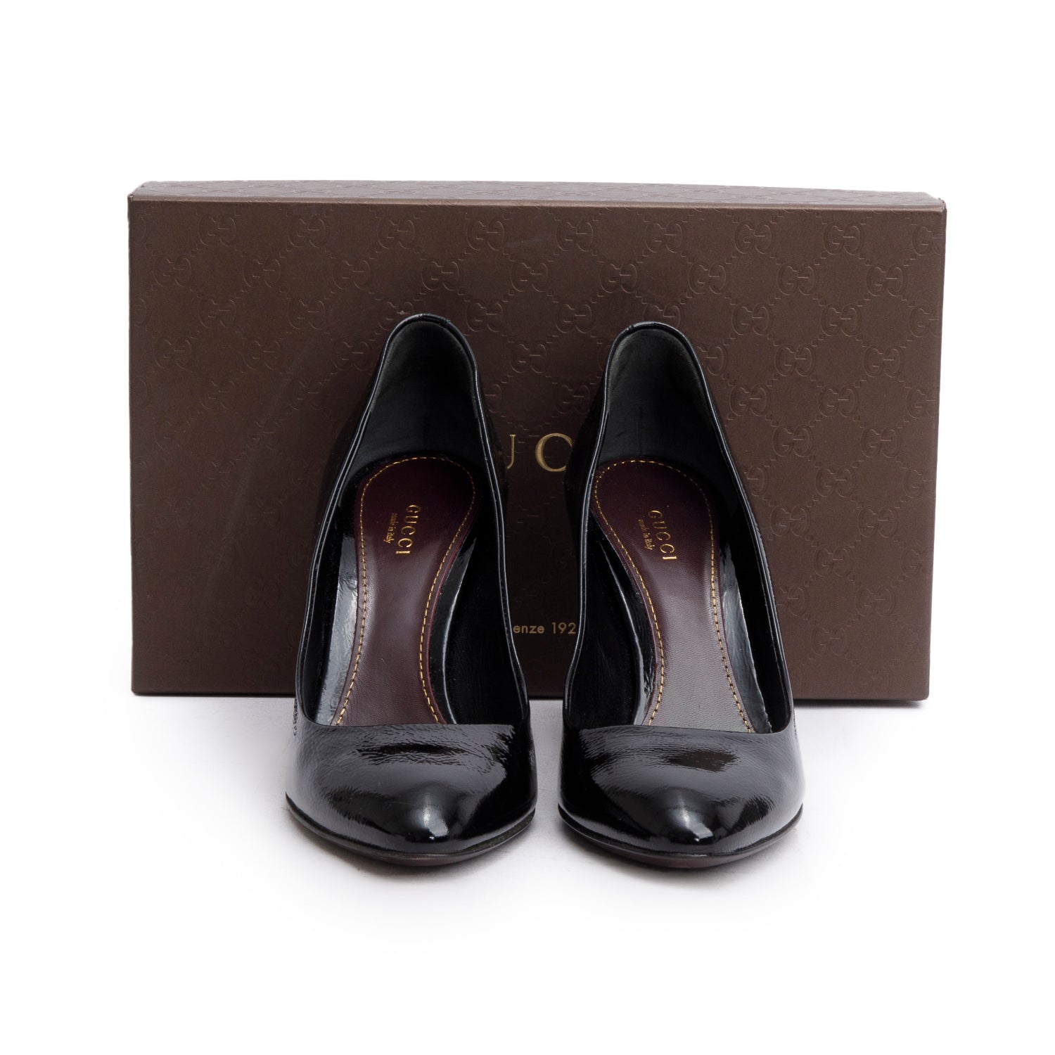 Gucci Black Vernis Naplack Leather Pumps w/ Box, Size 38.5