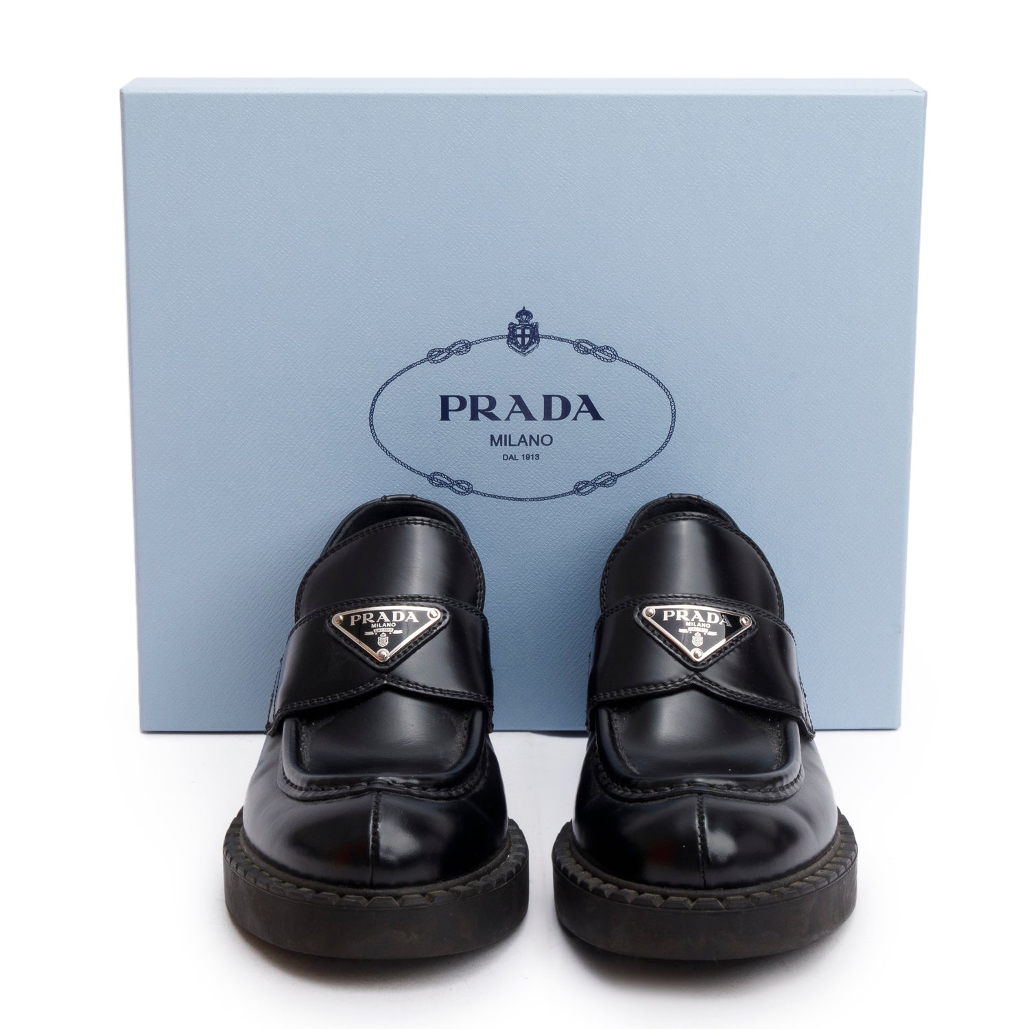 Prada Black Brushed Calfskin Leather Metal Triangle Logo Loafers w/ Box, Size 37