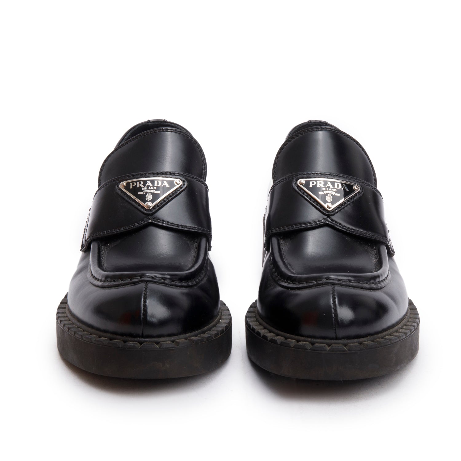 Prada Black Brushed Calfskin Leather Metal Triangle Logo Loafers w/ Box, Size 37