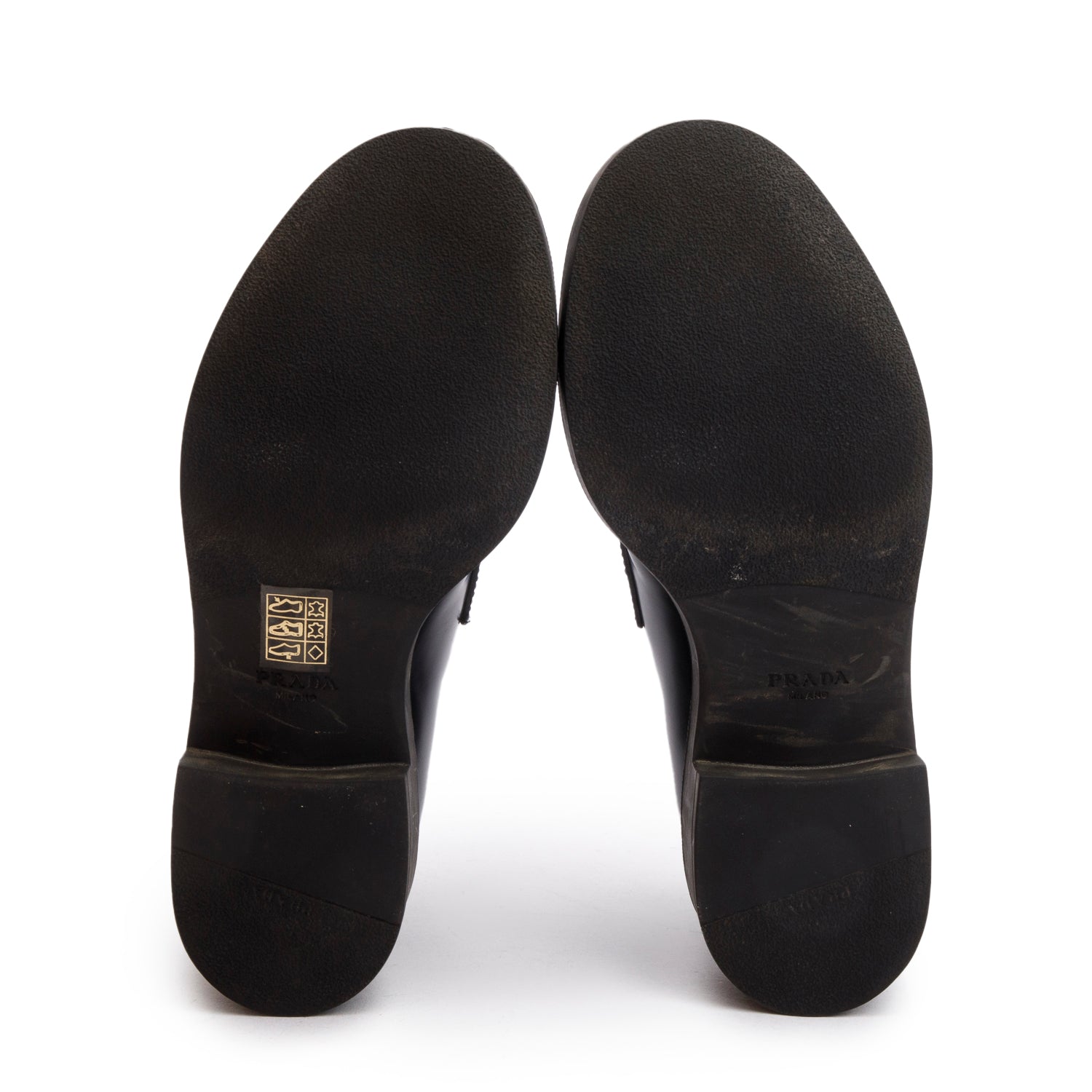Prada Black Brushed Calfskin Leather Metal Triangle Logo Loafers w/ Box, Size 37