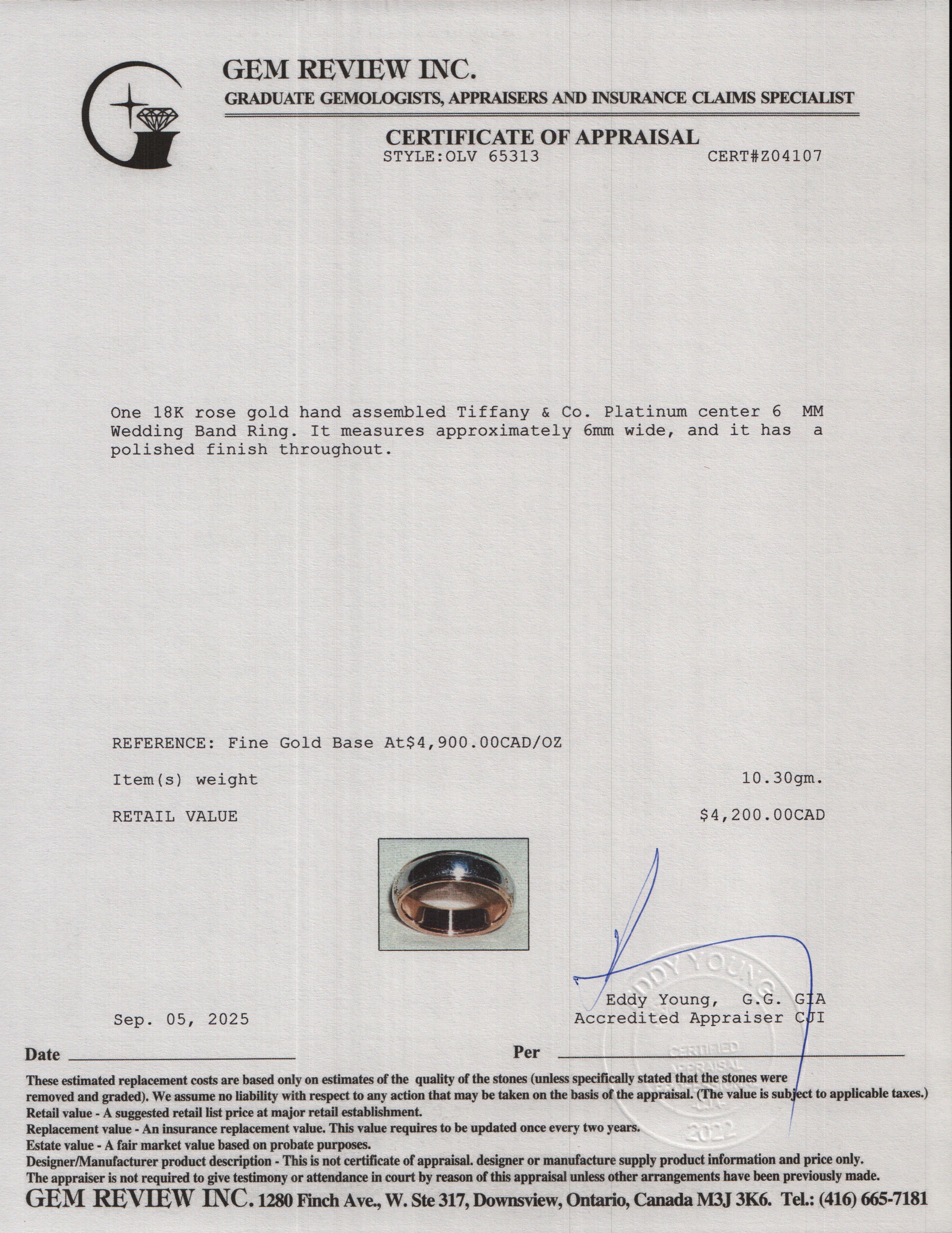 Tiffany & Co. Platinum & 18k Rose Gold 6 MM Wedding Band Ring, Size 8