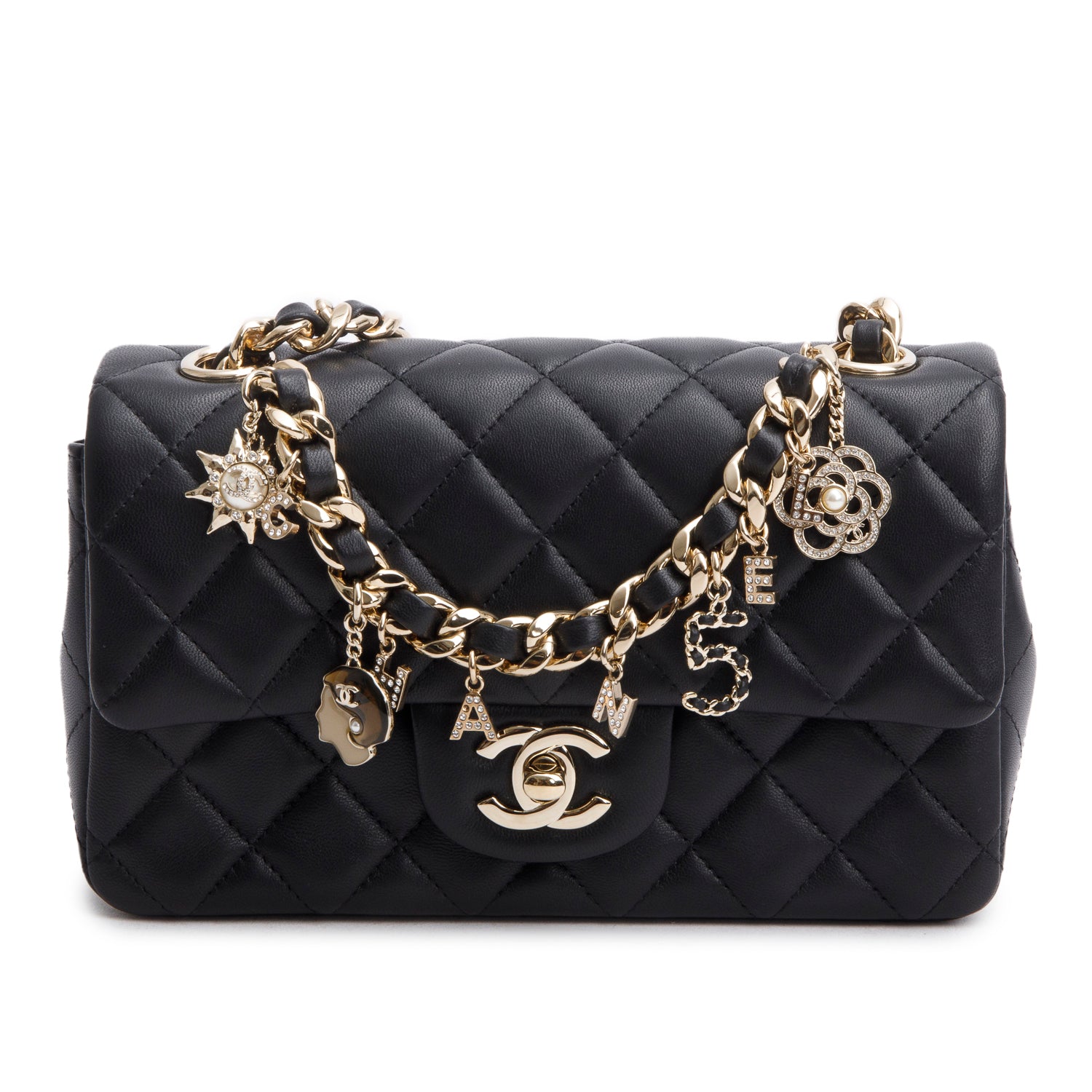 Chanel 2020 Black Lambskin Mini Coco Charms Rectangular Flap w/ Box & Authenticity Card