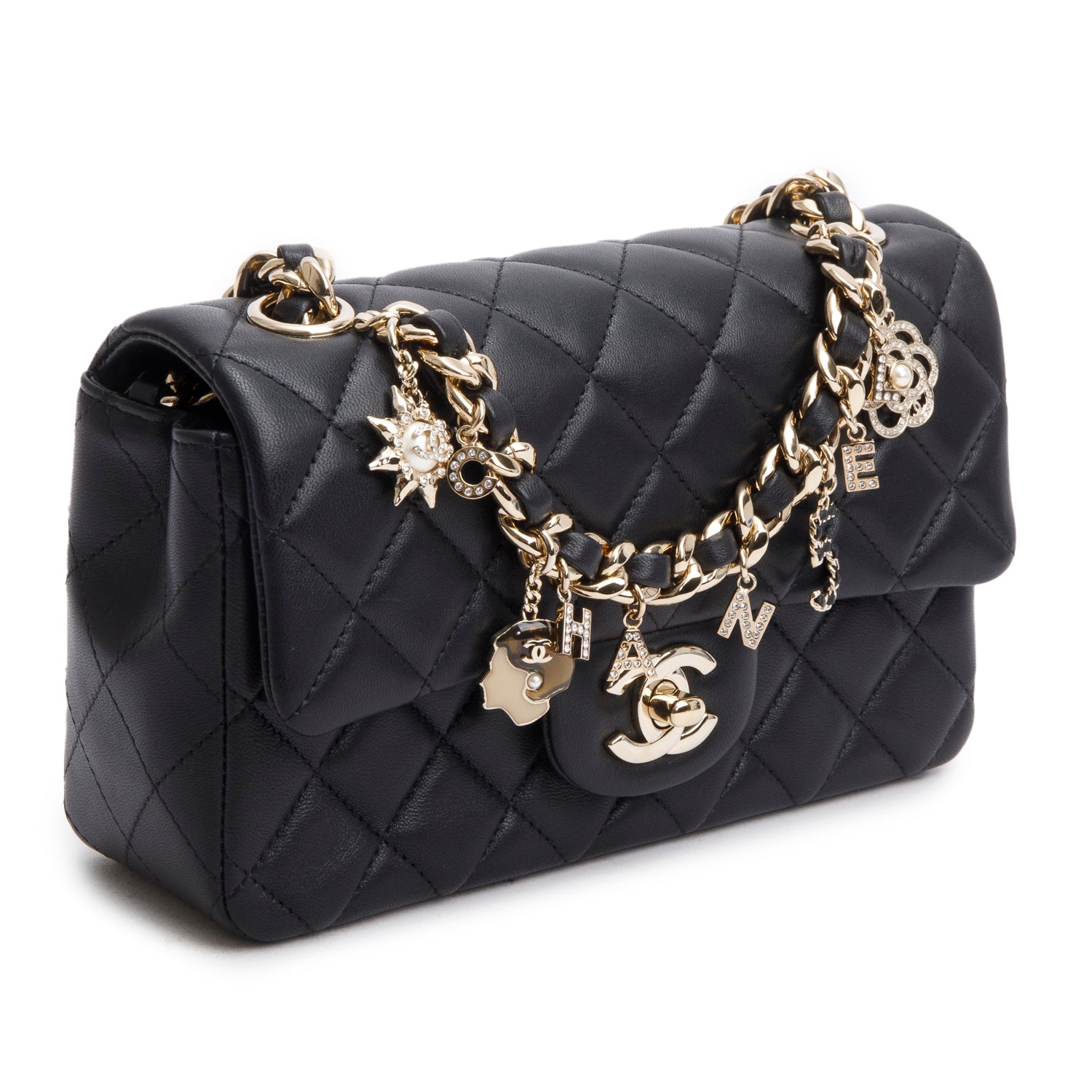 Chanel 2020 Black Lambskin Mini Coco Charms Rectangular Flap w/ Box & Authenticity Card