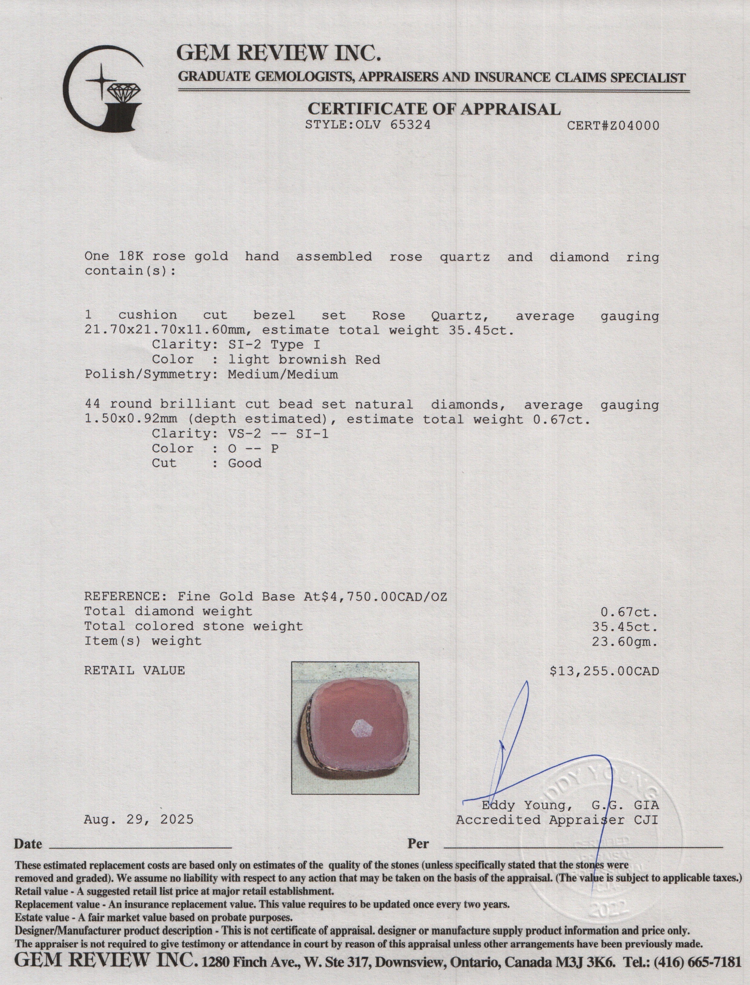 18k Rose Gold Rose Quartz and Diamond Ring, Size 6.5