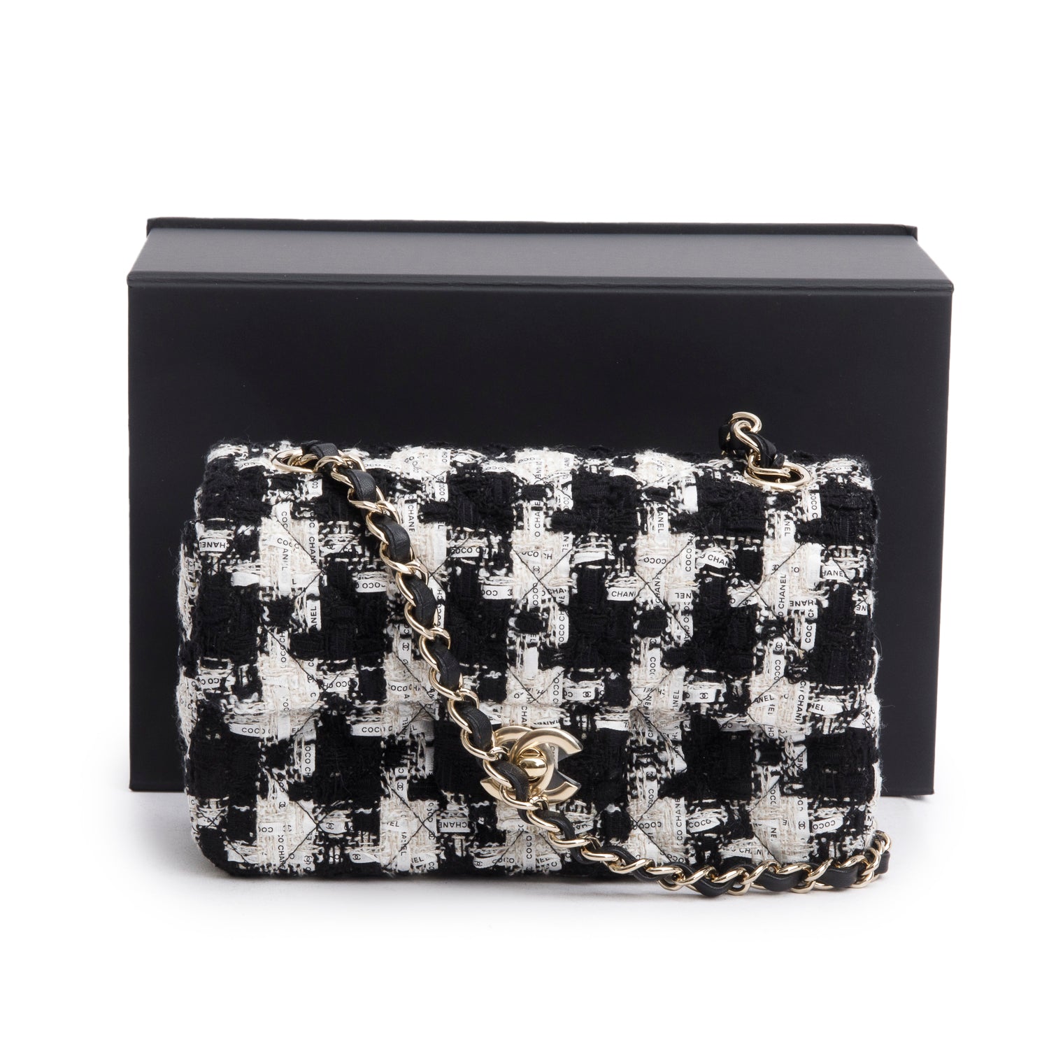 Chanel Black/White Tweed Houndstooth Quilted Mini Rectangular Flap w/ Box & Authenticity Card