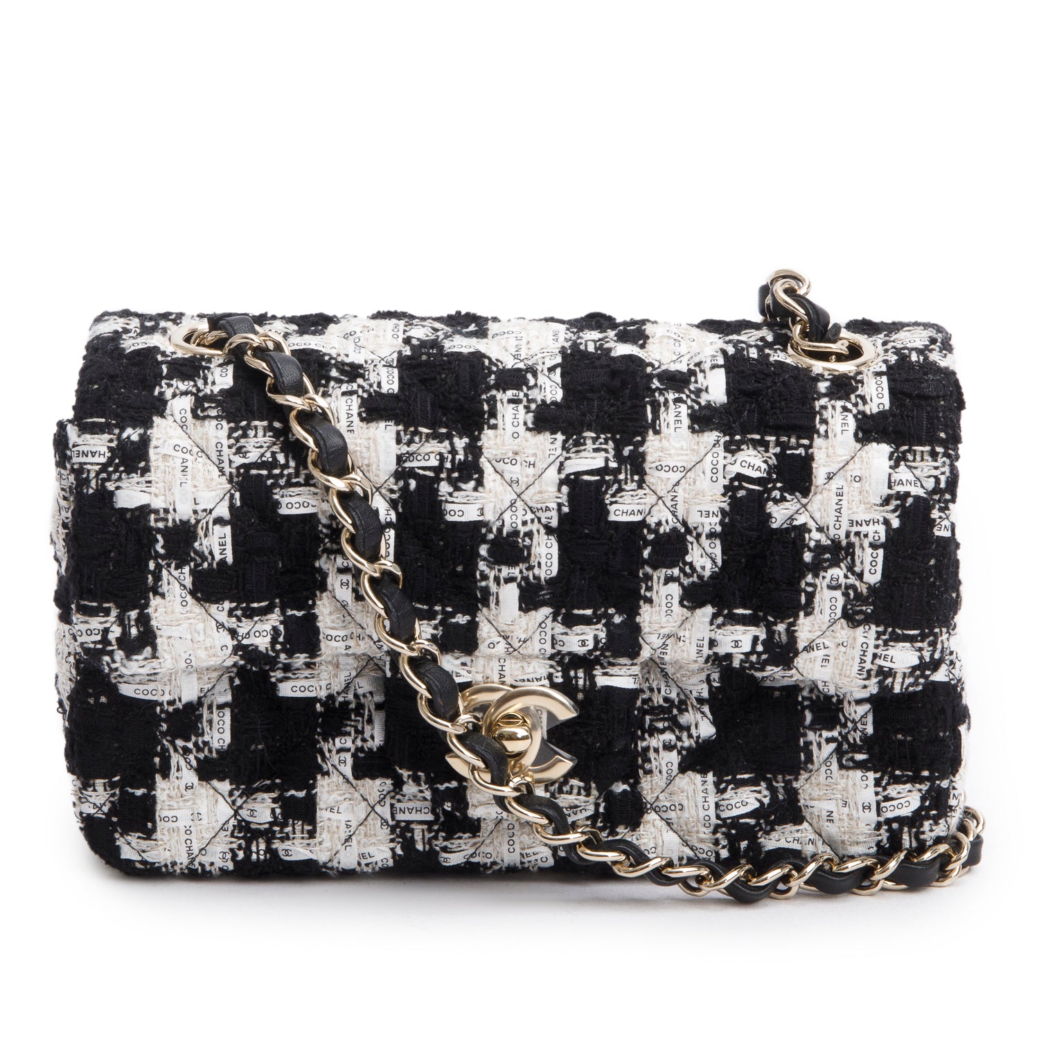 Chanel Black/White Tweed Houndstooth Quilted Mini Rectangular Flap w/ Box & Authenticity Card