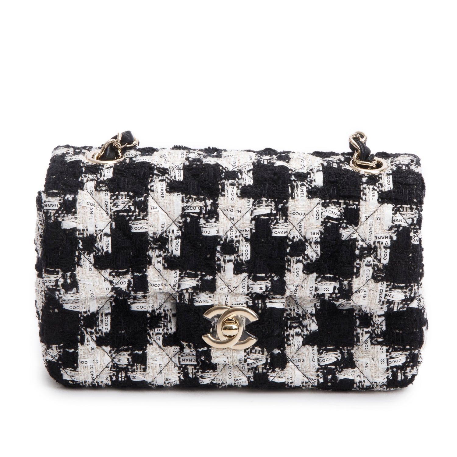 Chanel Black/White Tweed Houndstooth Quilted Mini Rectangular Flap w/ Box & Authenticity Card