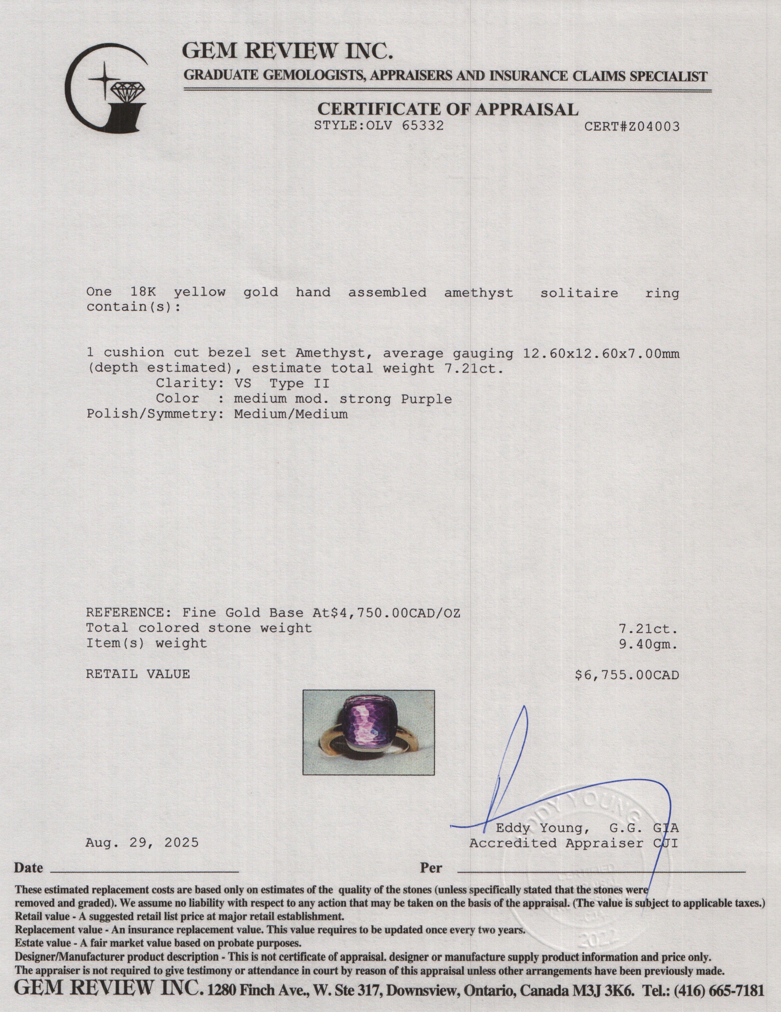 18k Yellow Gold Amethyst Solitaire Ring, Size 5.5