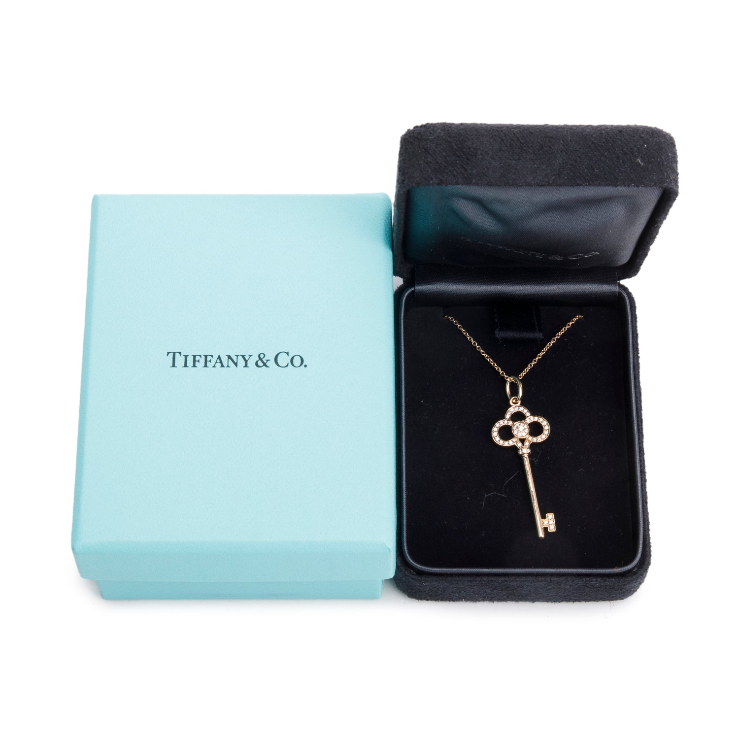 Tiffany & Co. 18k Rose Gold Diamond 1.5" Crown Key Pendant Necklace w/ Box