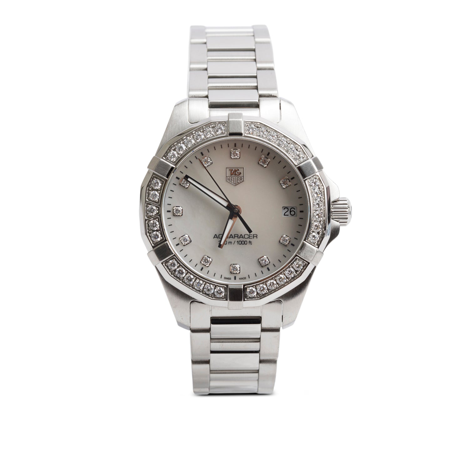 Tag Heuer Stainless Steel Diamond Bezel Aquaracer 32 MM Quartz Watch Mother of Pearl Diamond Dial WAF1314