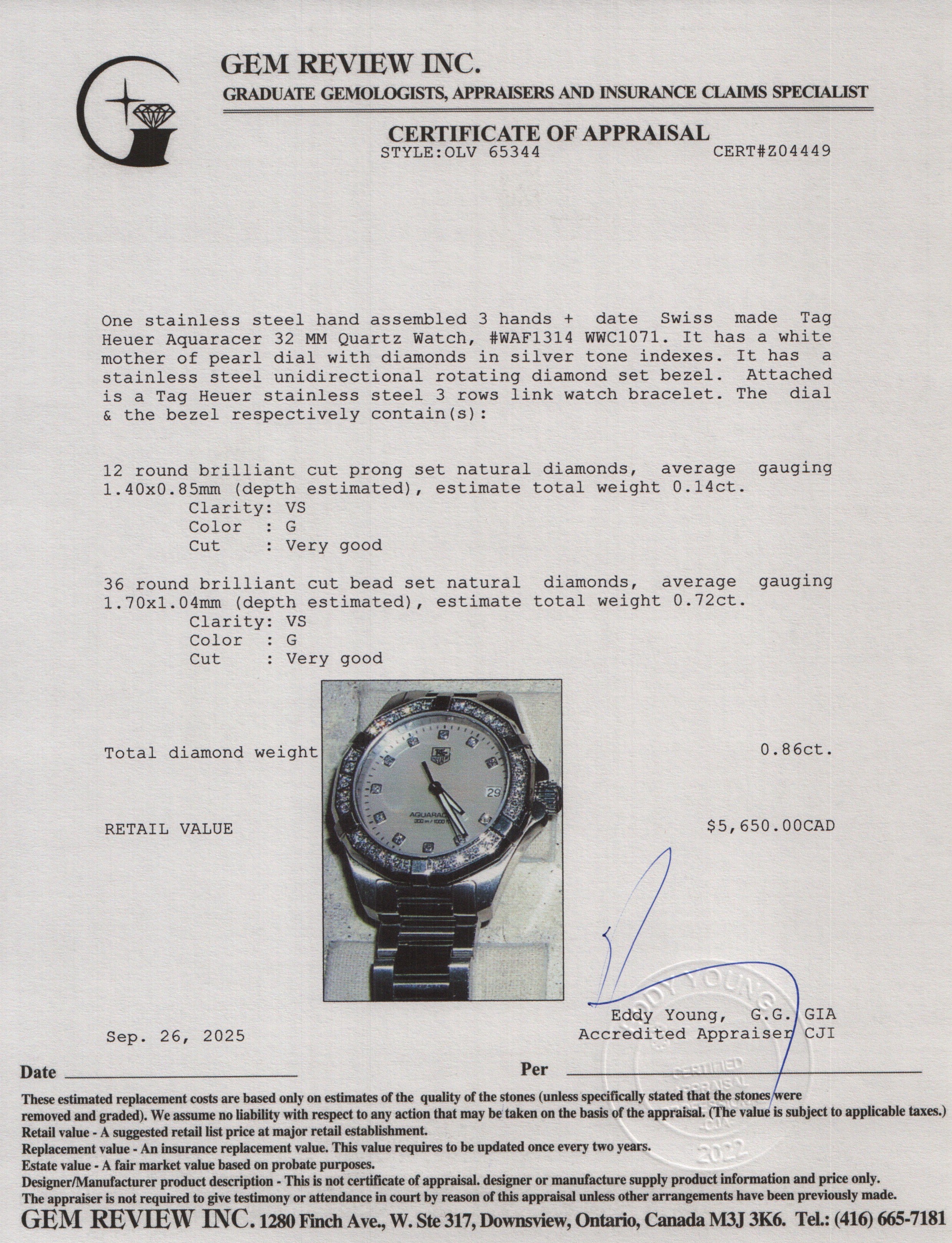 Tag Heuer Stainless Steel Diamond Bezel Aquaracer 32 MM Quartz Watch Mother of Pearl Diamond Dial WAF1314