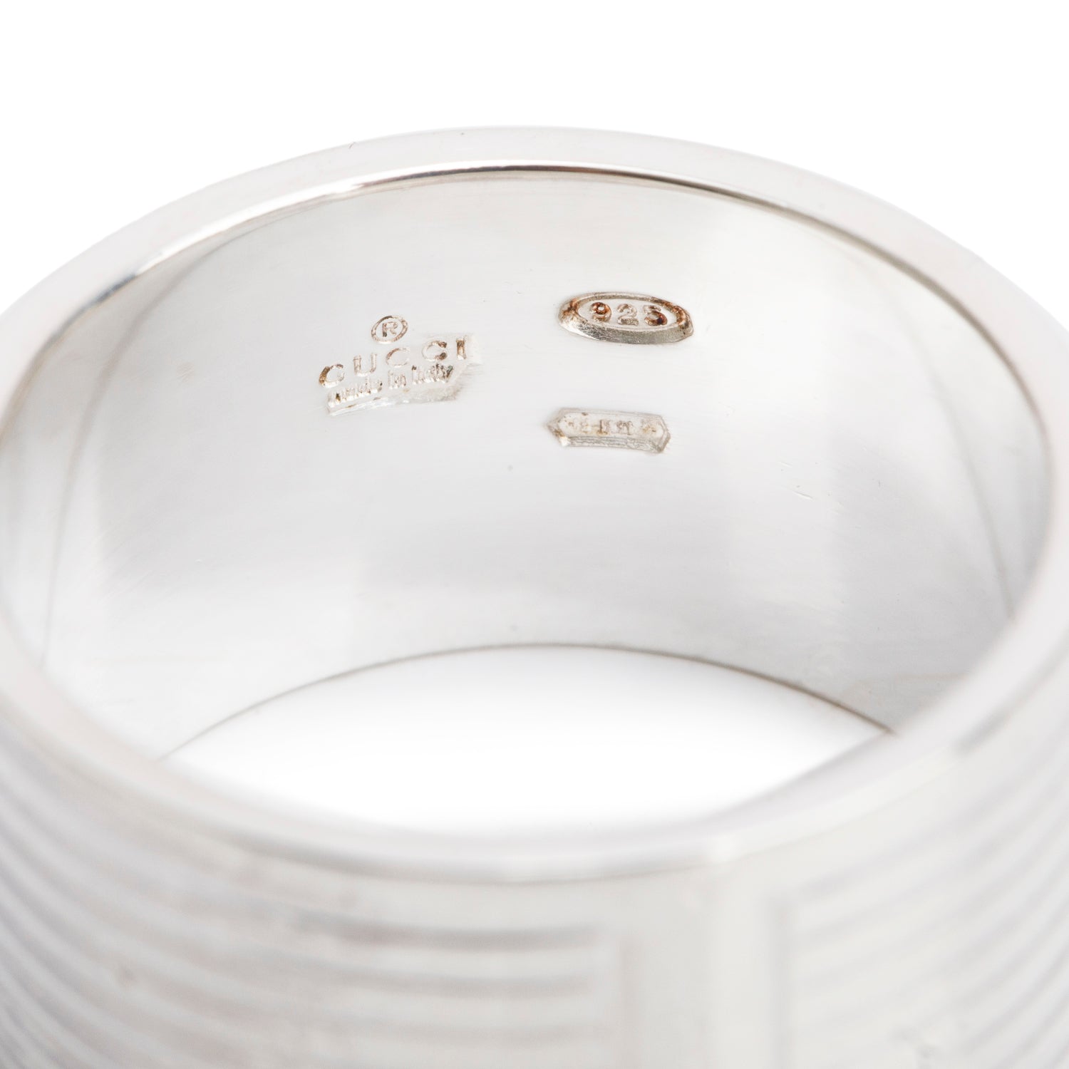 Gucci Sterling Silver Trademark 12 MM Wide Striped Band Ring, Size 9.25
