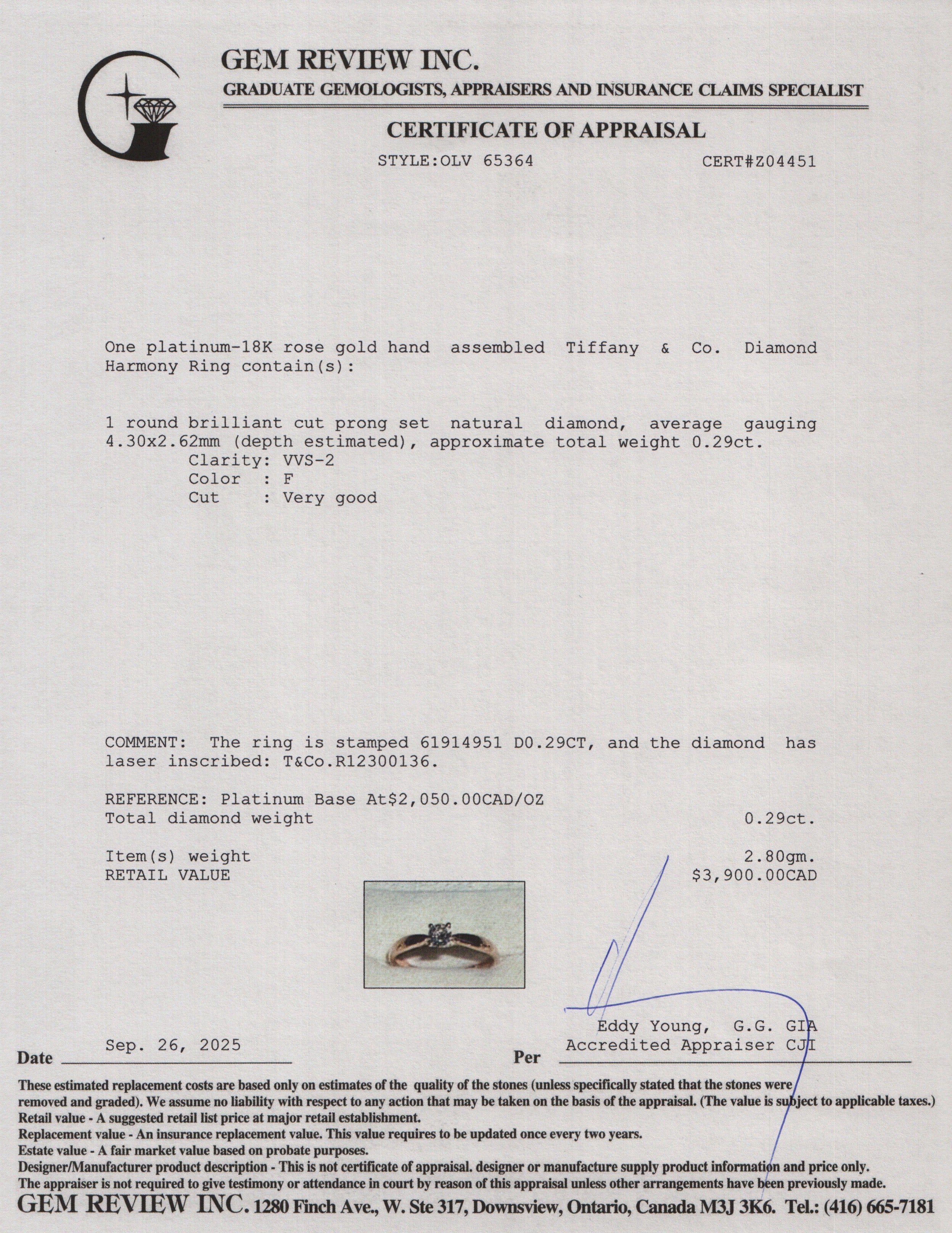 Tiffany & Co. 18k Rose Gold & Platinum 0.29 ct. Diamond Harmony Ring, Size 7.5 w/ Box & Papers