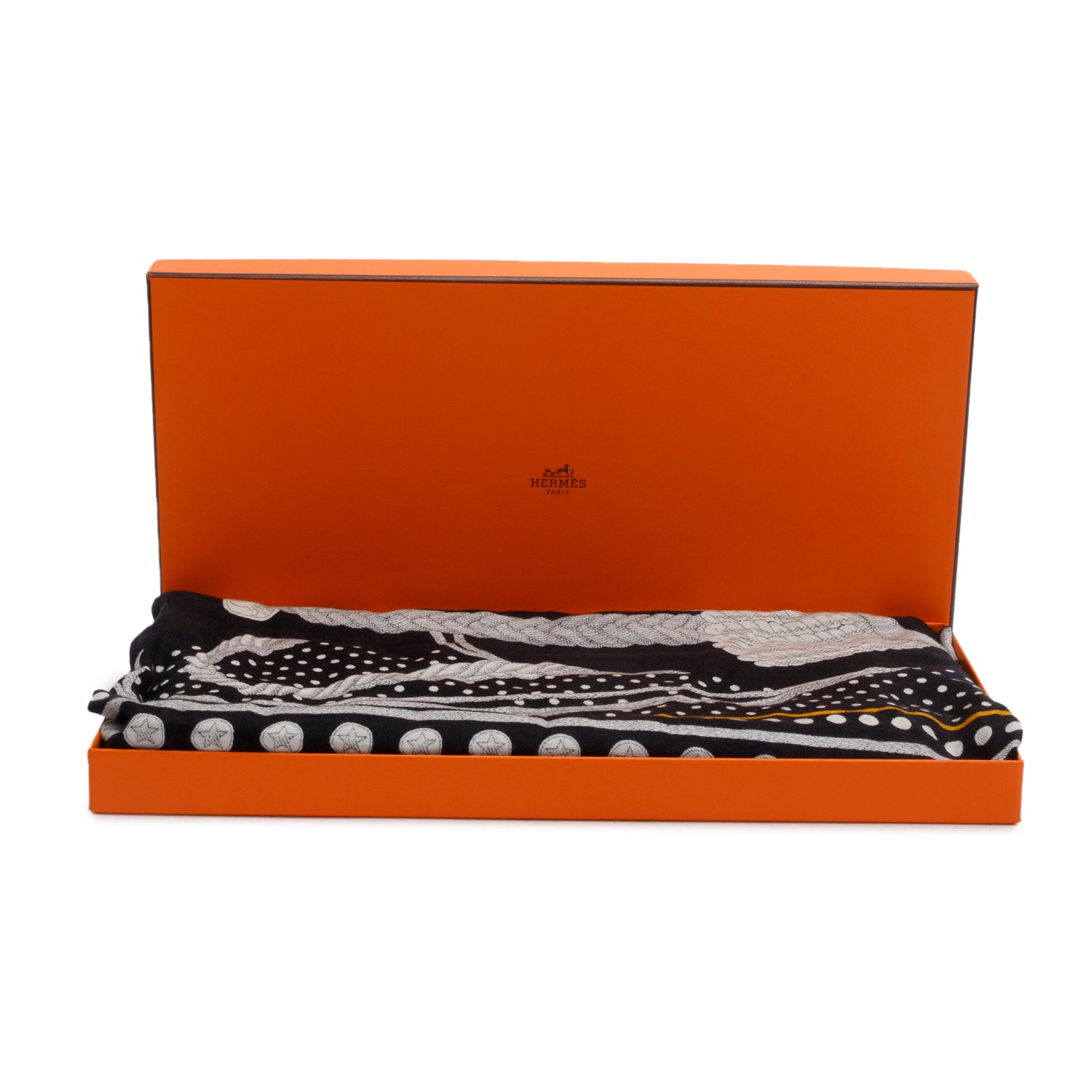 Hermes Noir/Blanc 'Zouaves Et Dragons' Cashmere Silk Bandana Shawl Scarf 140 w/ Box