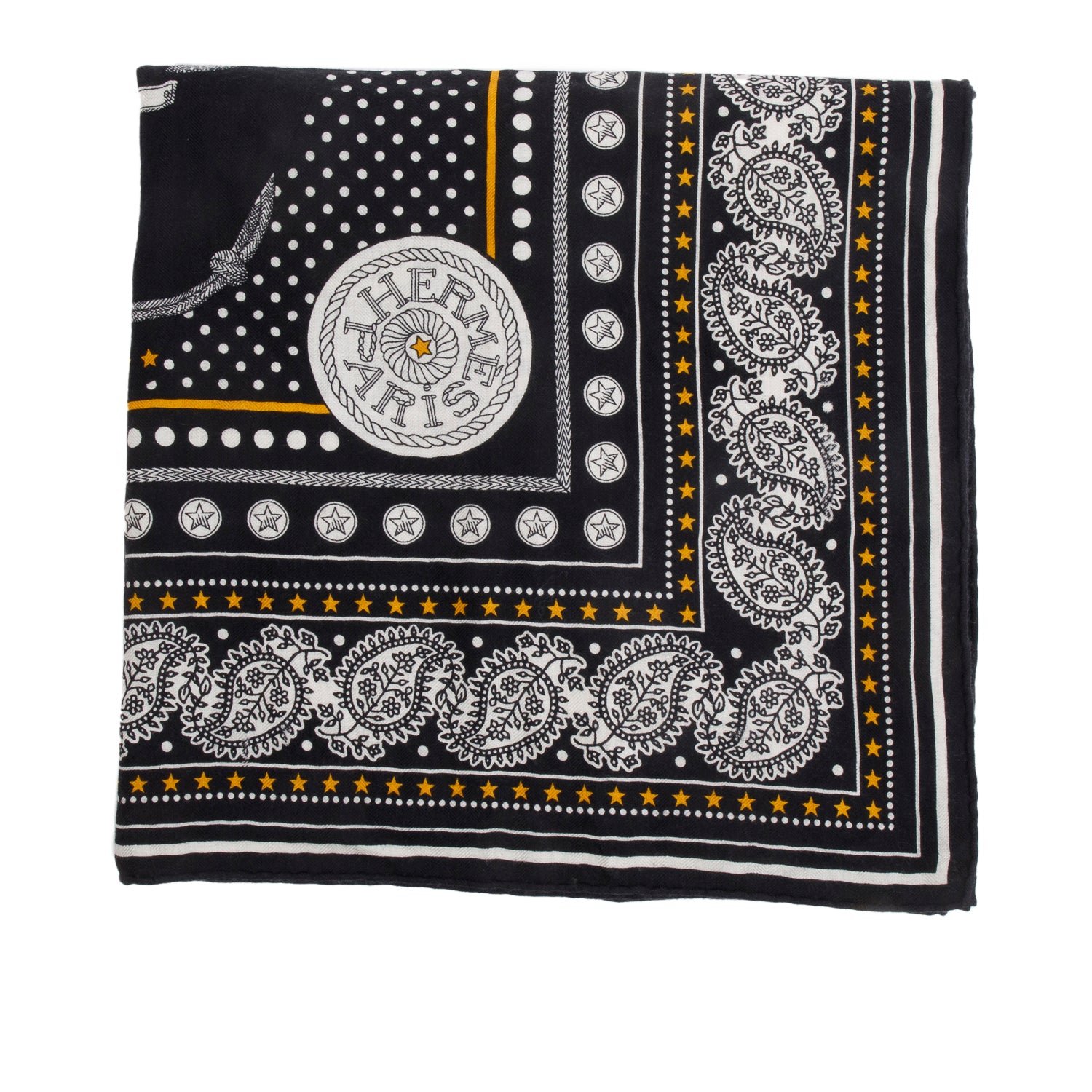 Hermes Noir/Blanc 'Zouaves Et Dragons' Cashmere Silk Bandana Shawl Scarf 140 w/ Box