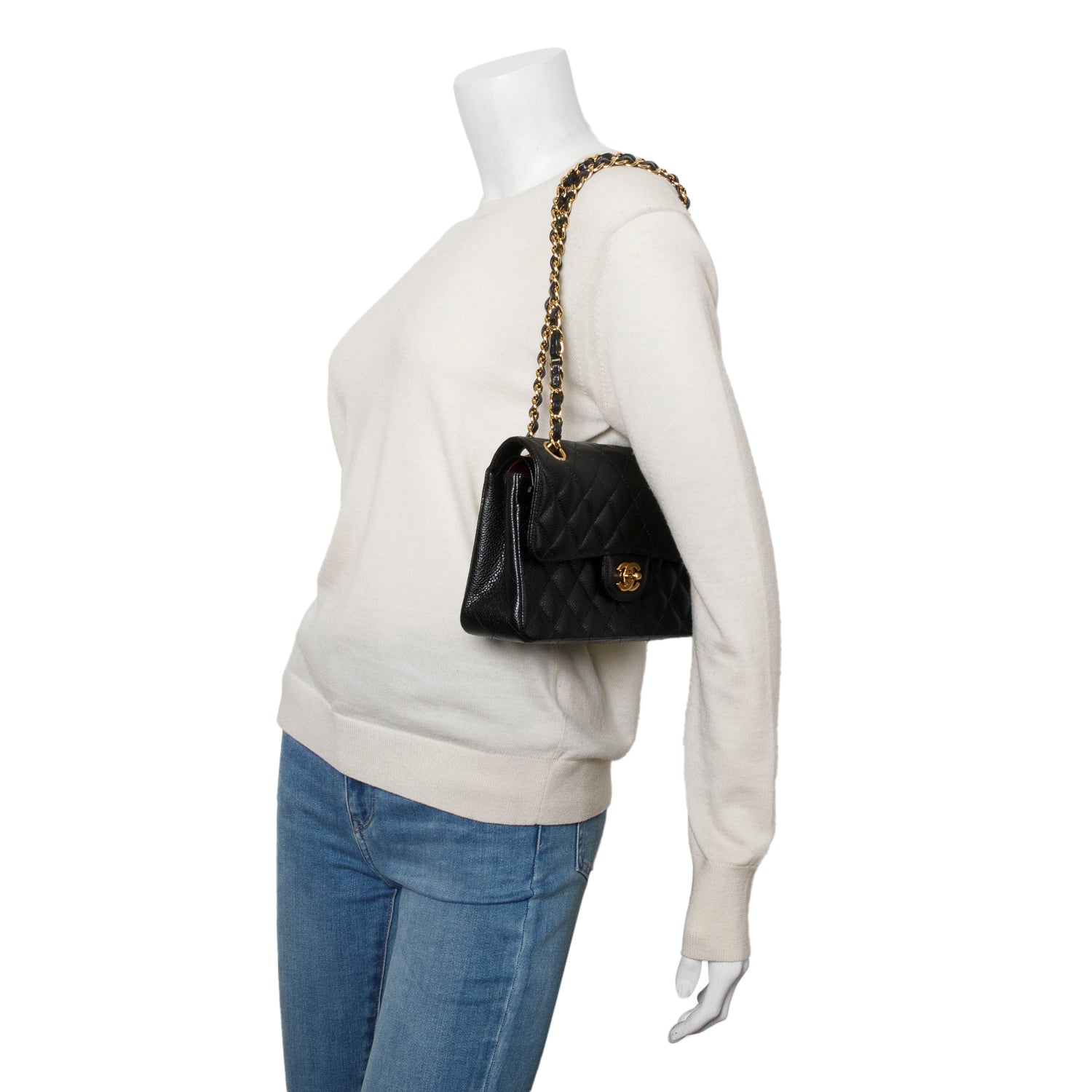 Chanel Black Quilted Caviar Leather Classic Small Double Flap Bag w/ Box & Authenticity Card