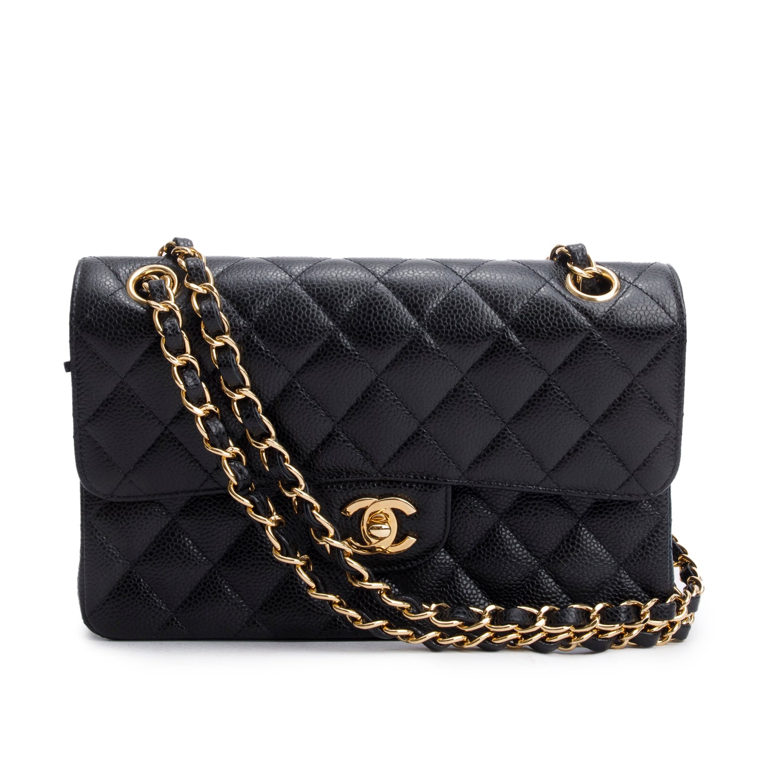 Chanel Black Quilted Caviar Leather Classic Small Double Flap Bag w/ Box & Authenticity Card