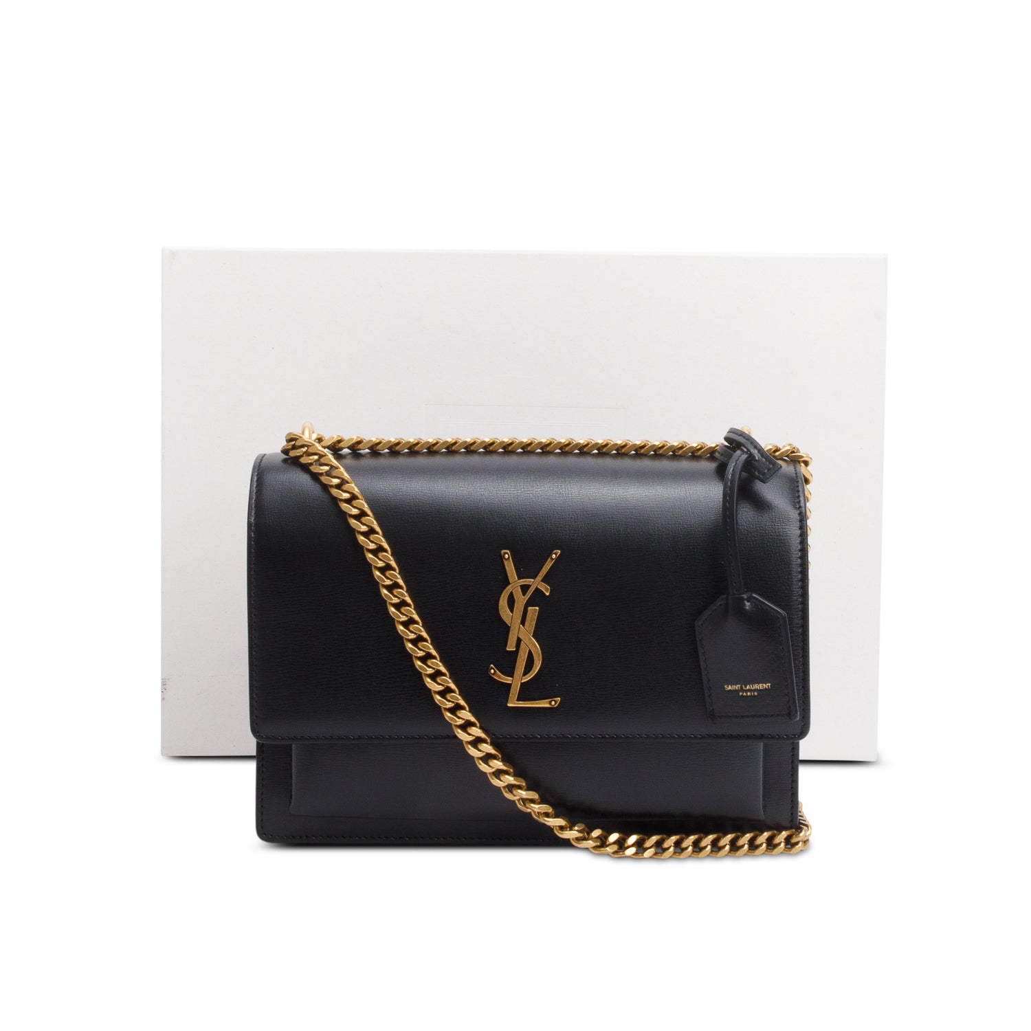 Saint Laurent 2024 Black Calfskin Leather Medium Sunset Shoulder Bag w/ Box