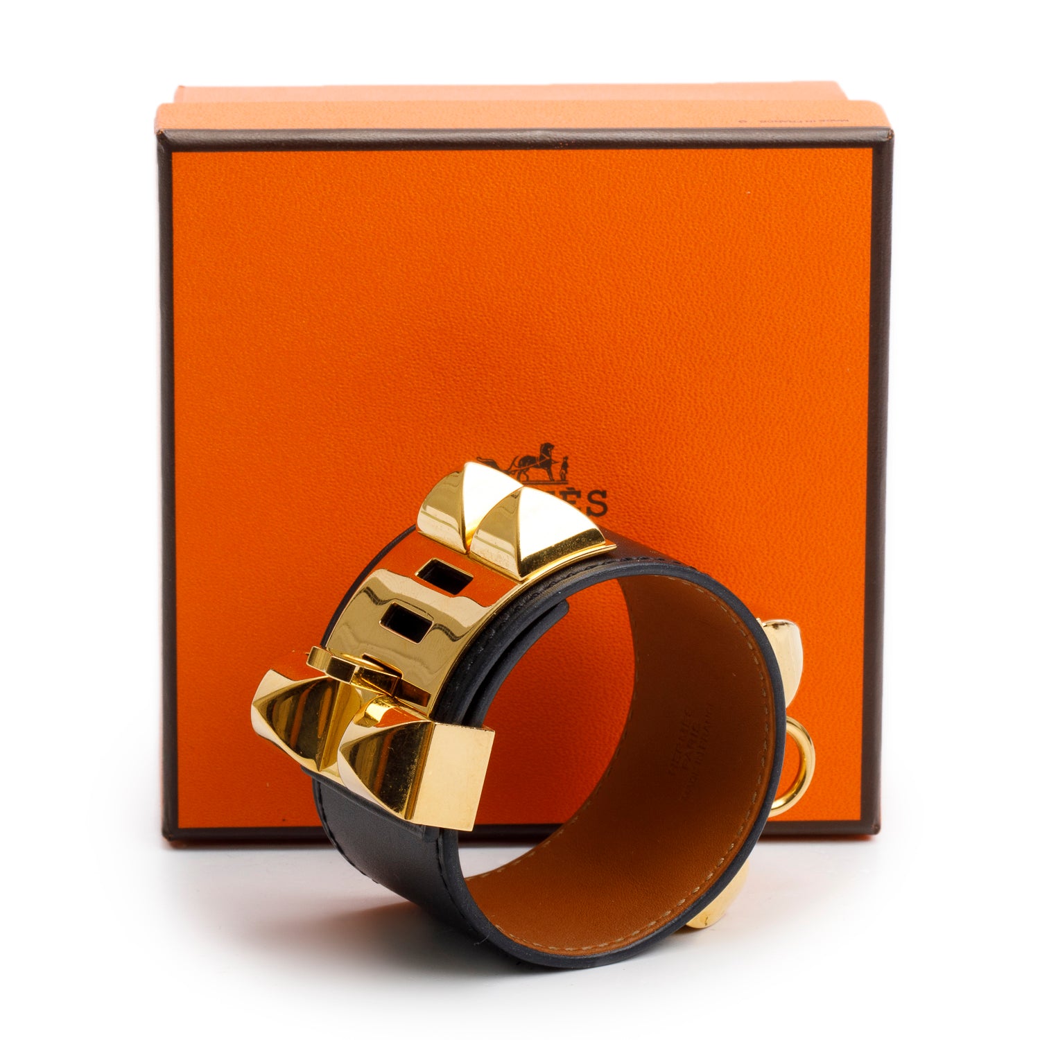 Hermes Gold-Plated Black Box Calfskin Leather Collier de Chien Bracelet, Size S w/ Box