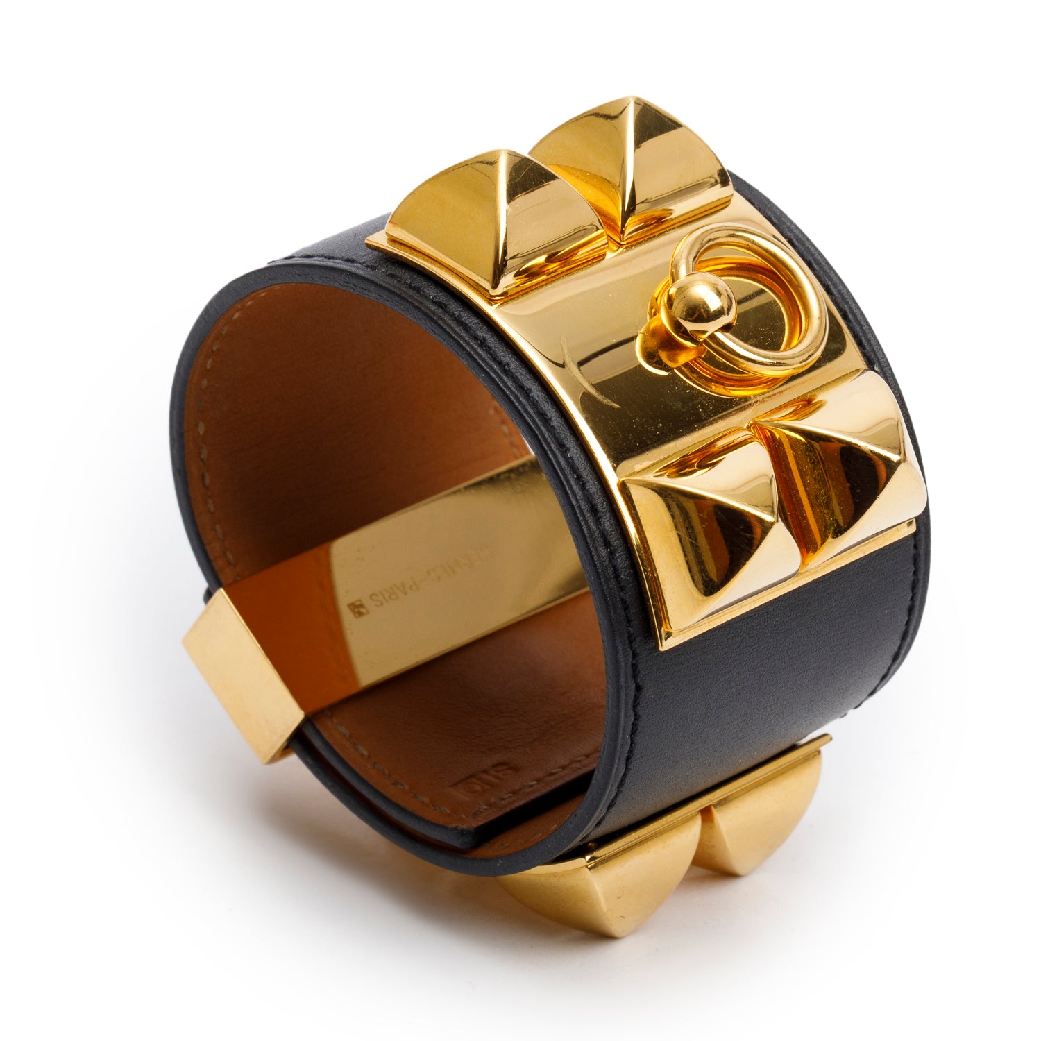 Hermes Gold-Plated Black Box Calfskin Leather Collier de Chien Bracelet, Size S w/ Box