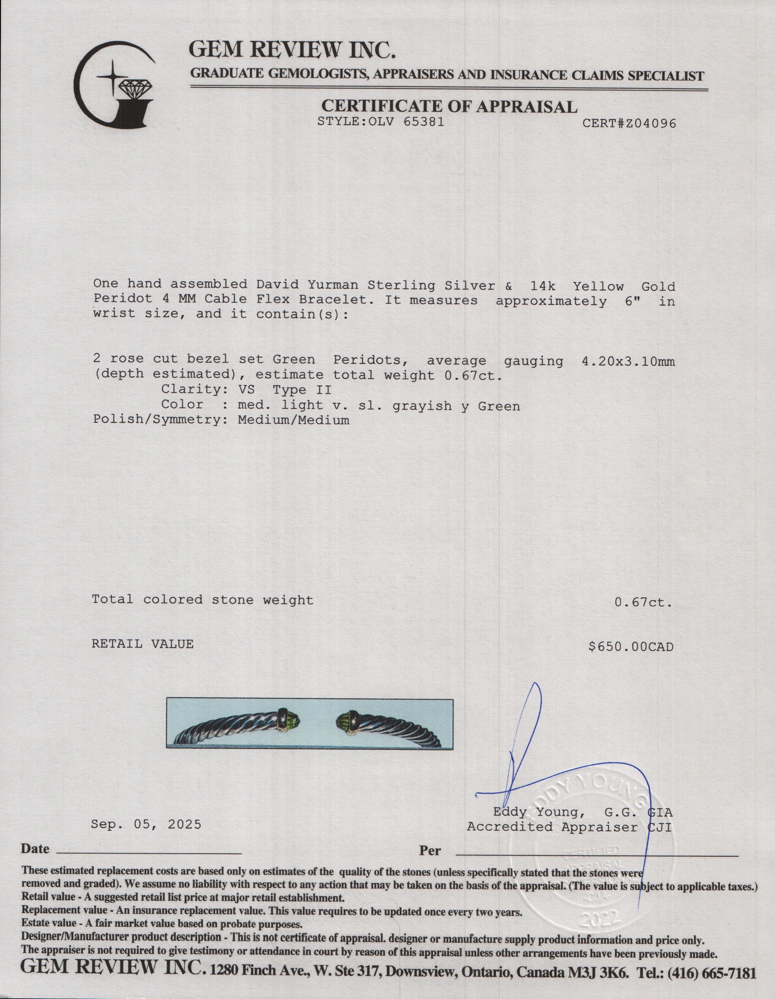 David Yurman Sterling Silver & 14k Yellow Gold Peridot 4 MM Cable Flex Bracelet w/ Box