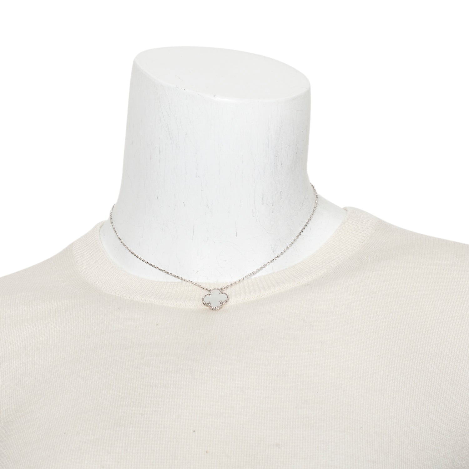 Van Cleef & Arpels 18k White Gold Vintage Alhambra Mother of Pearl Pendant Necklace w/ Carry Pouch