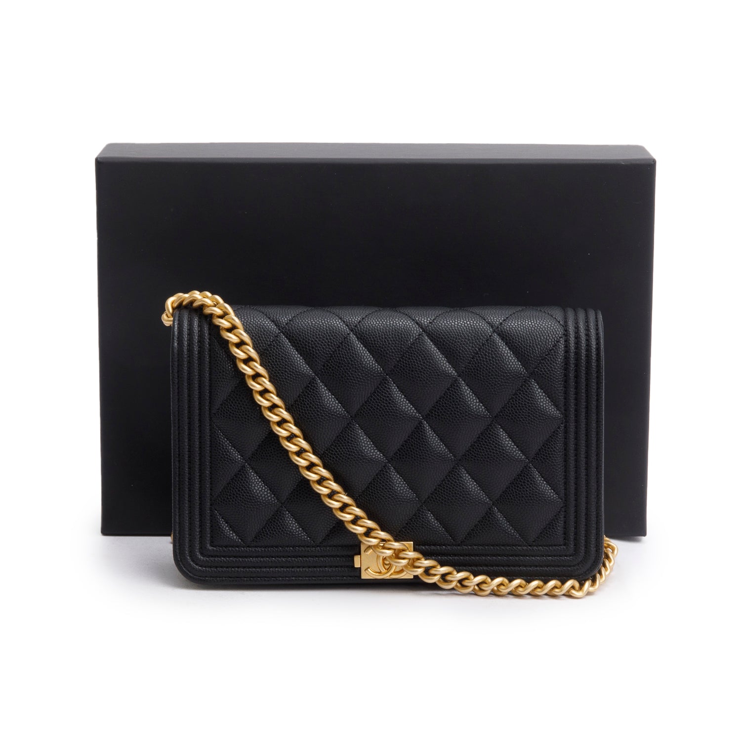 Chanel Black Caviar Quilted Boy Wallet on Chain w/ Box