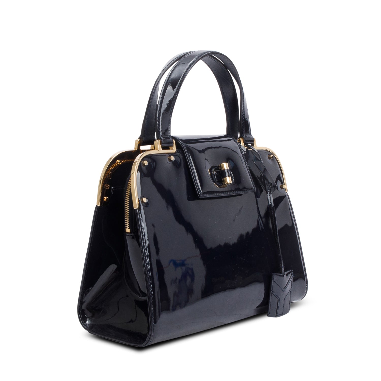 Saint Laurent Navy Patent Leather Rive Gauche Medium Uptown Handle Bag