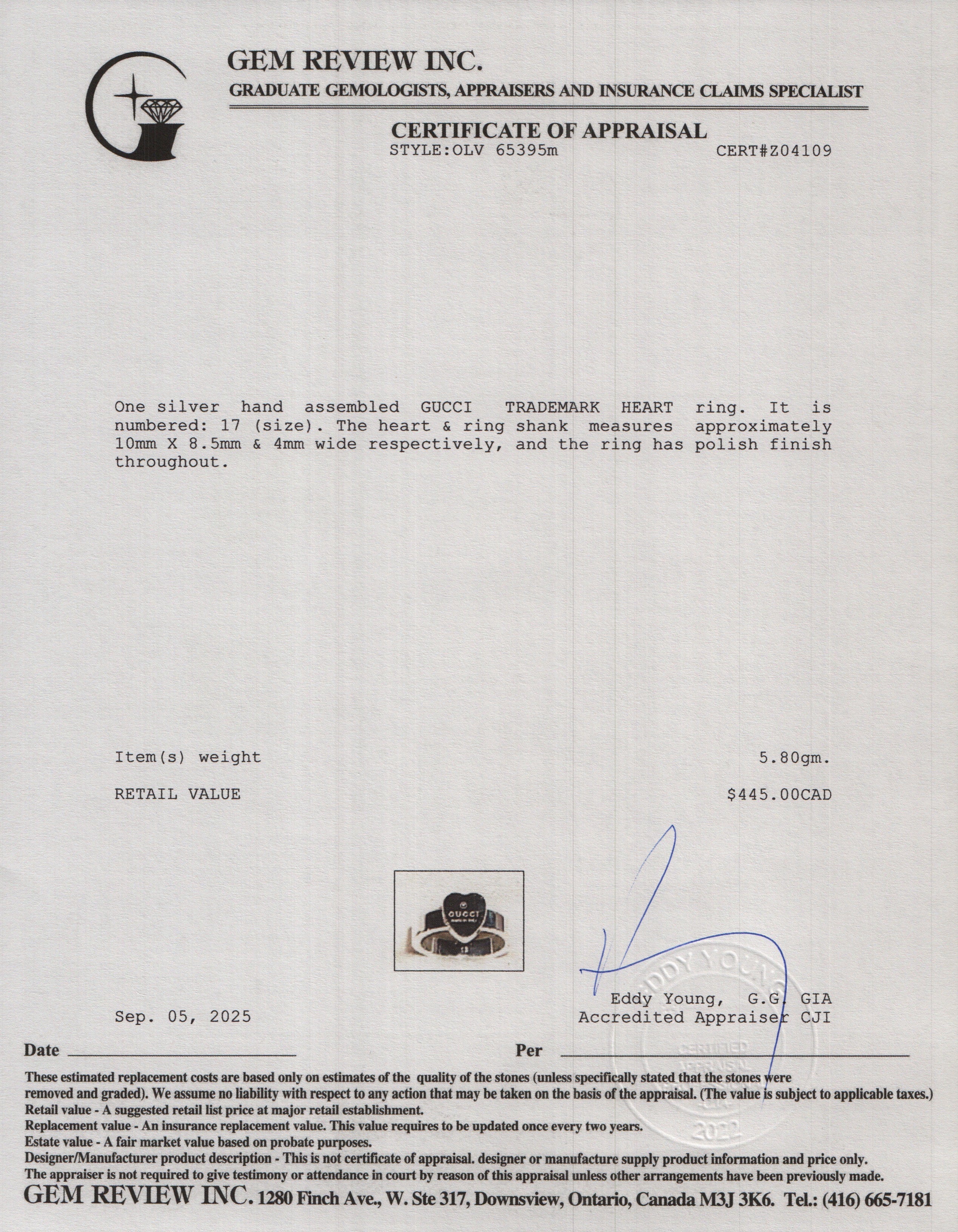 Gucci Sterling Silver Trademark Heart Ring, Size 17 7.75