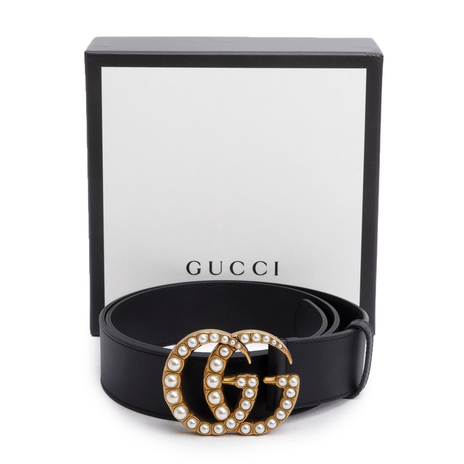 Gucci Black Leather GG Marmont Wide Belt With Pearls 95 38 w/ Box