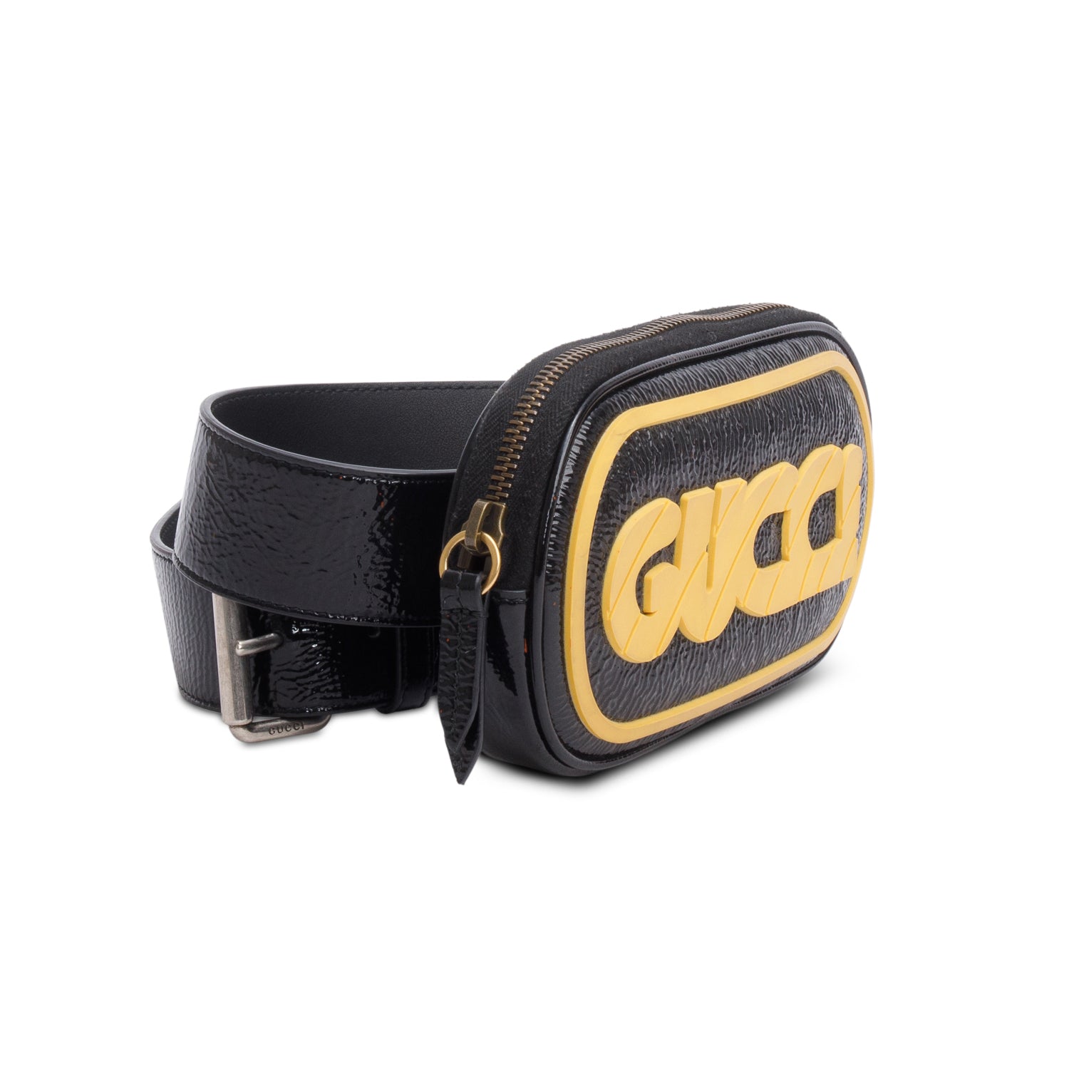 Gucci Black Patent Leather & Yellow Rubber Game Patch Logo Belt Bag, Size 85 34