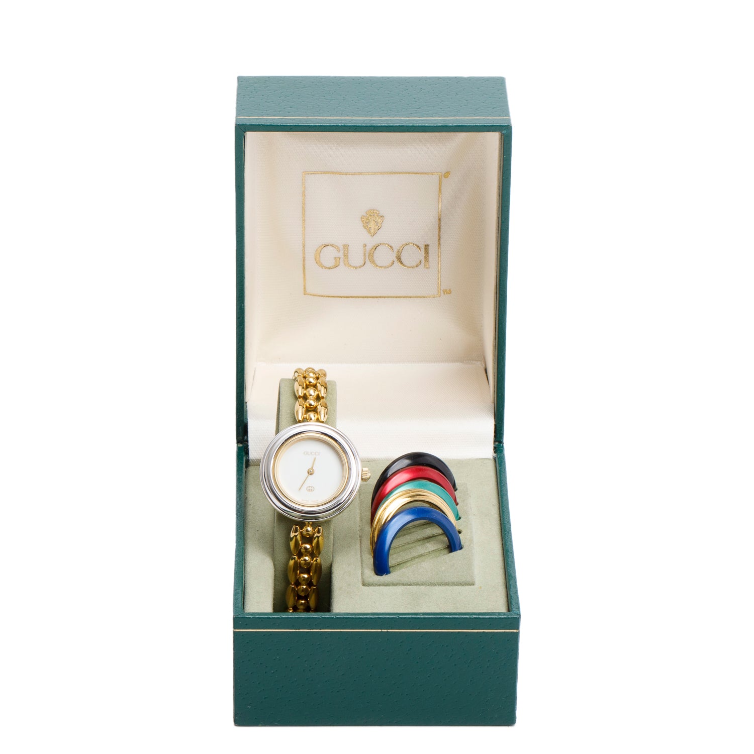 Gucci Gold Plated Stainless Steel 1100 Series 26MM Watch w/ Box & 5 Multicolour Interchangeable Bezels