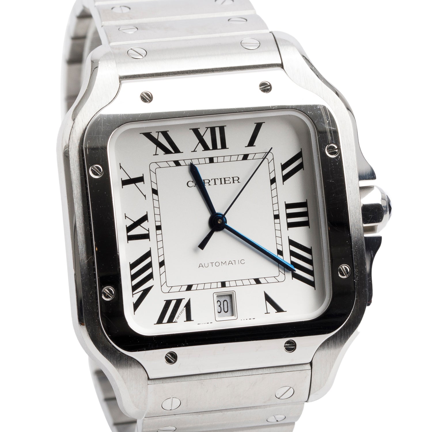 Cartier Stainless Steel Santos de Cartier Automatic Watch, Large Model Silver Dial 4072 w/ Box